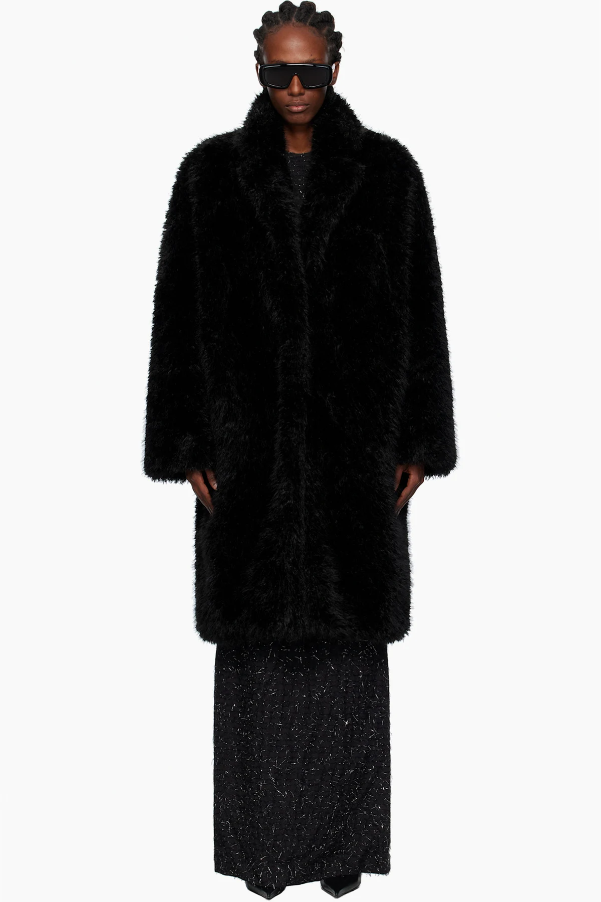 Black Notched Lapel Faux-Fur Coat