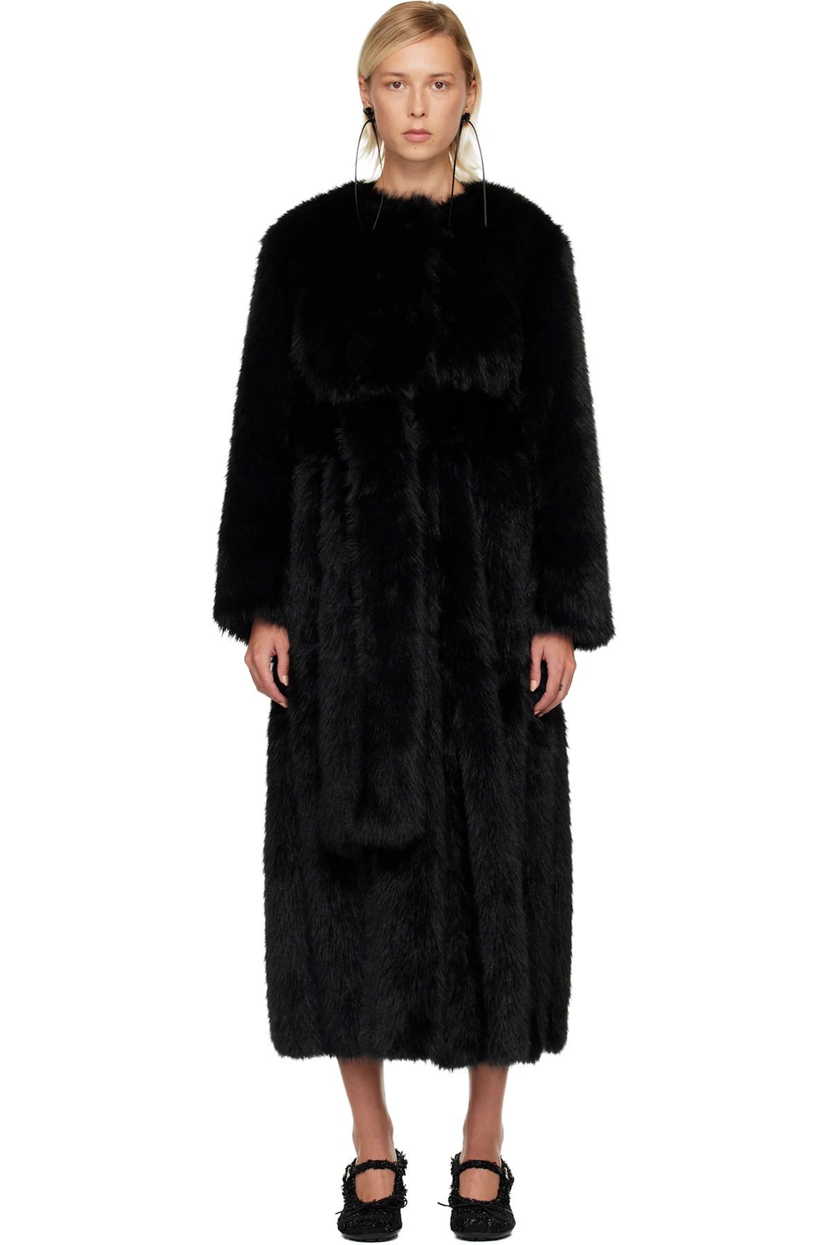 Black Belted Faux Fur Long Multi Slit Coat