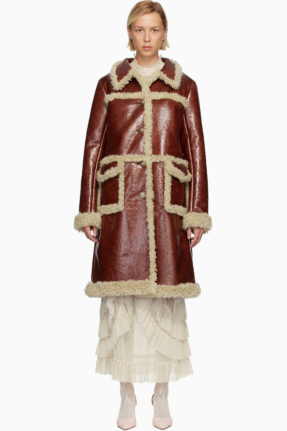 Brown Curly Lamb Trim Faux-Leather Coat