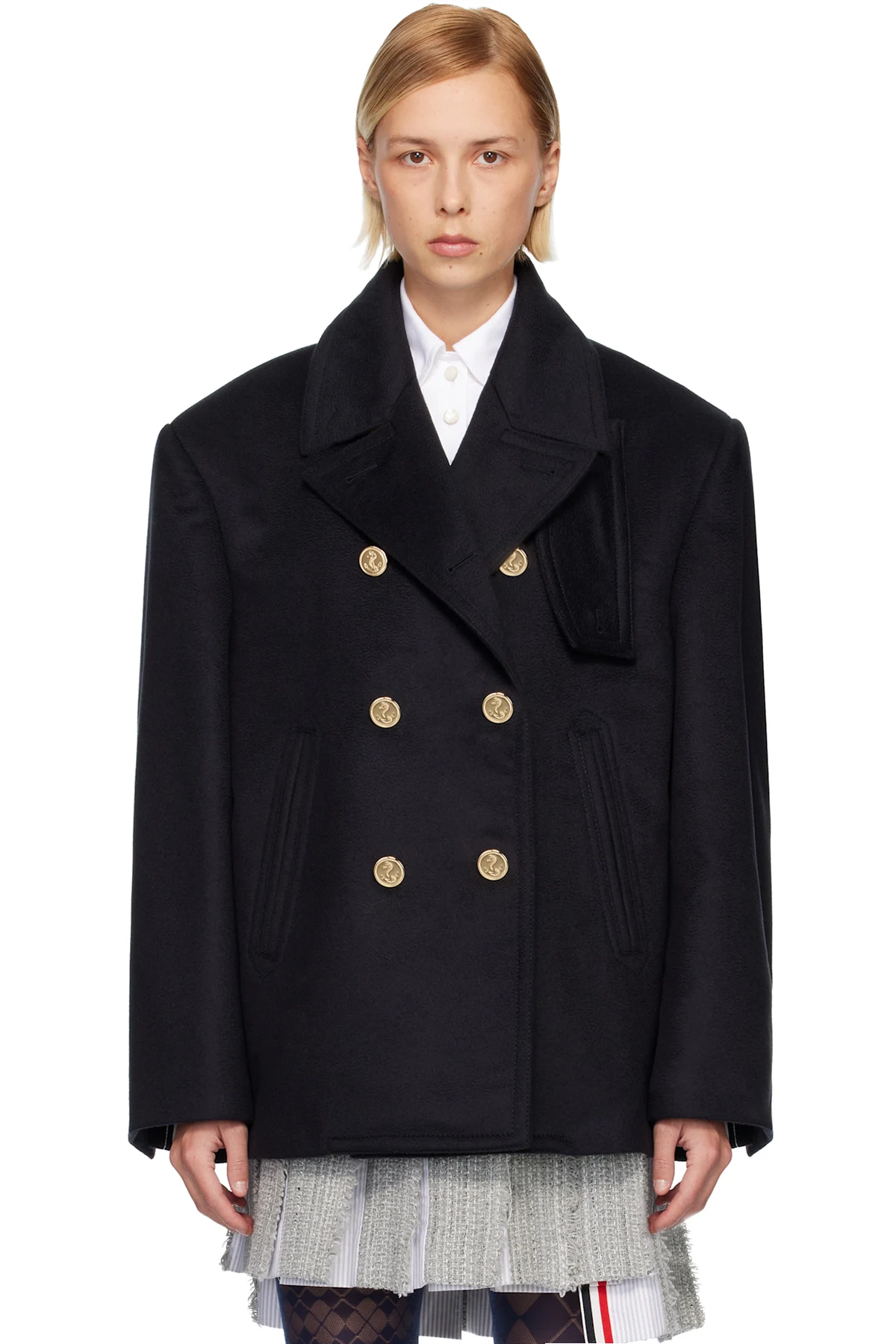 Navy Ziberline Finish Cashmere Oversized Pea Coat