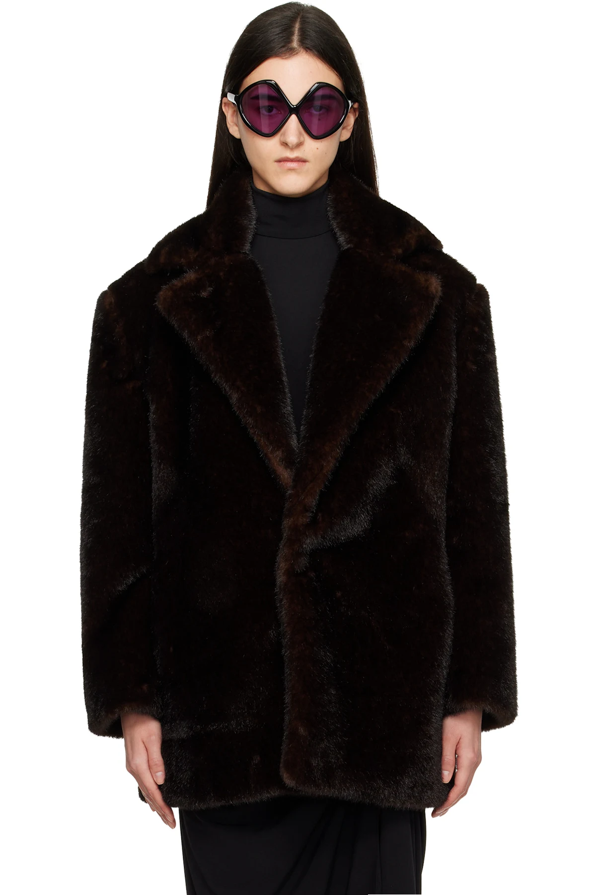 Brown Notched Lapel Faux-Fur Coat