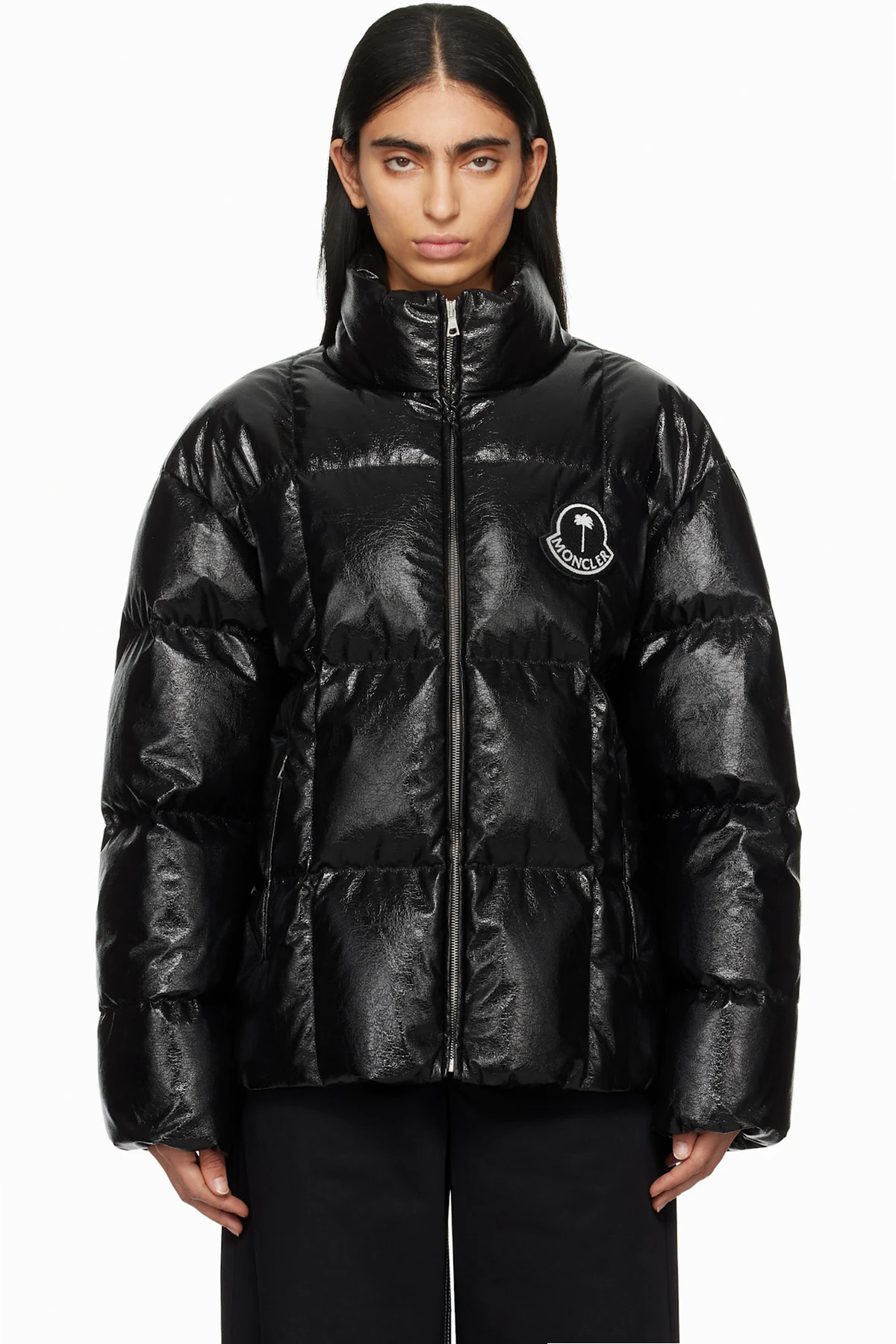 Moncler x Palm Angels Black Simoon Faux-Leather Down Jacket