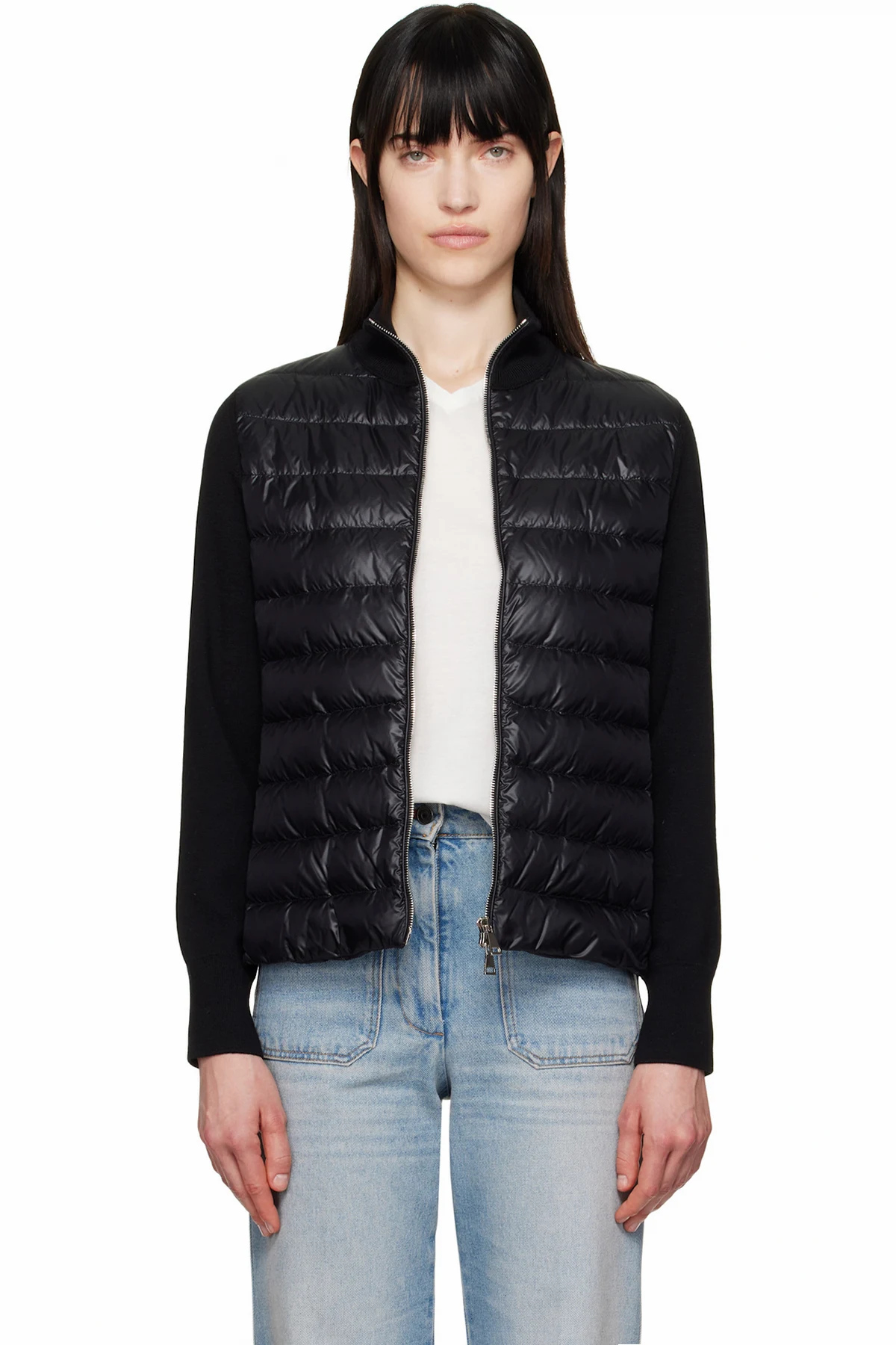 Black Padded Wool Zip-Up Down Jacket