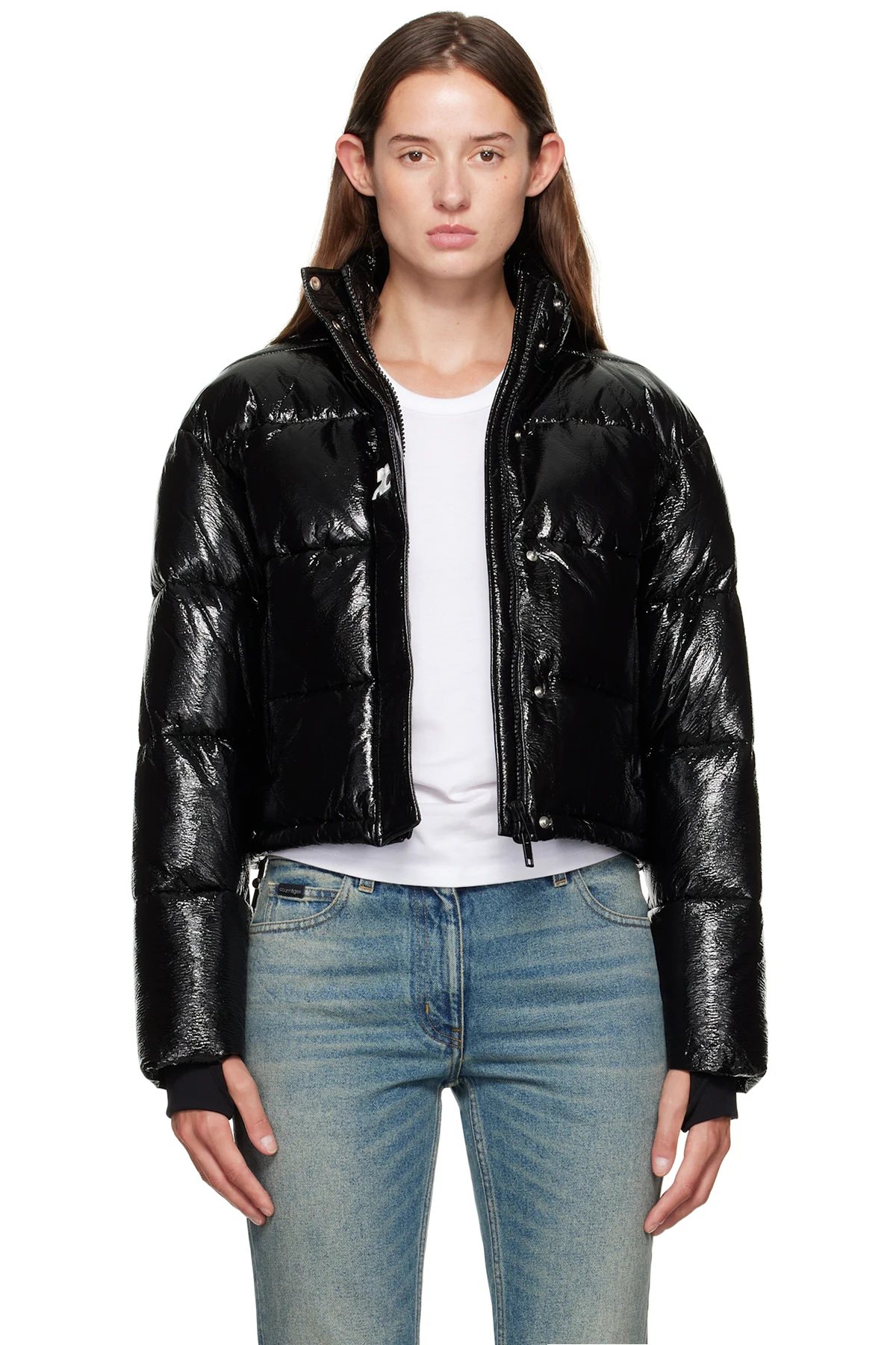 Black Cropped Vinyl Puffer Jacket