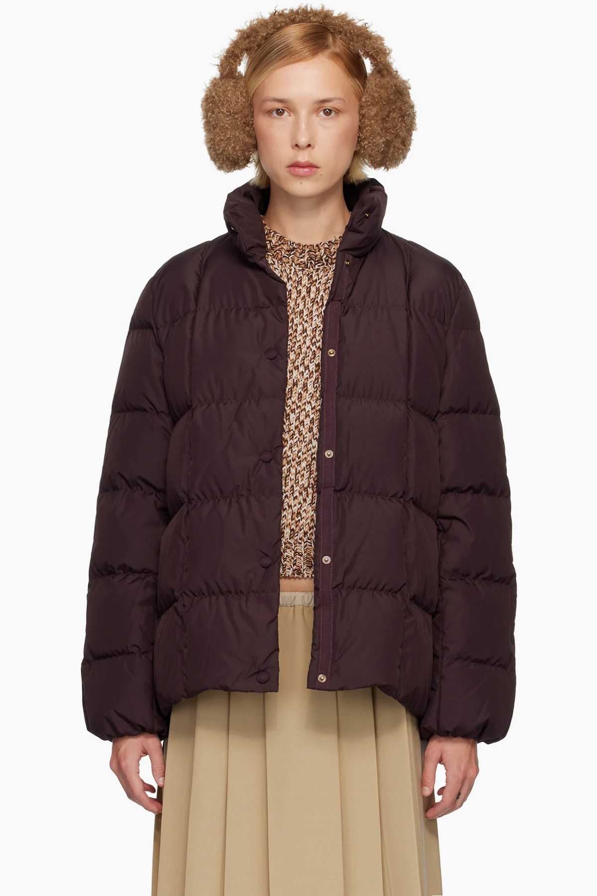 Burgundy Cochevinne Square-Quilted Short Down Jacket
