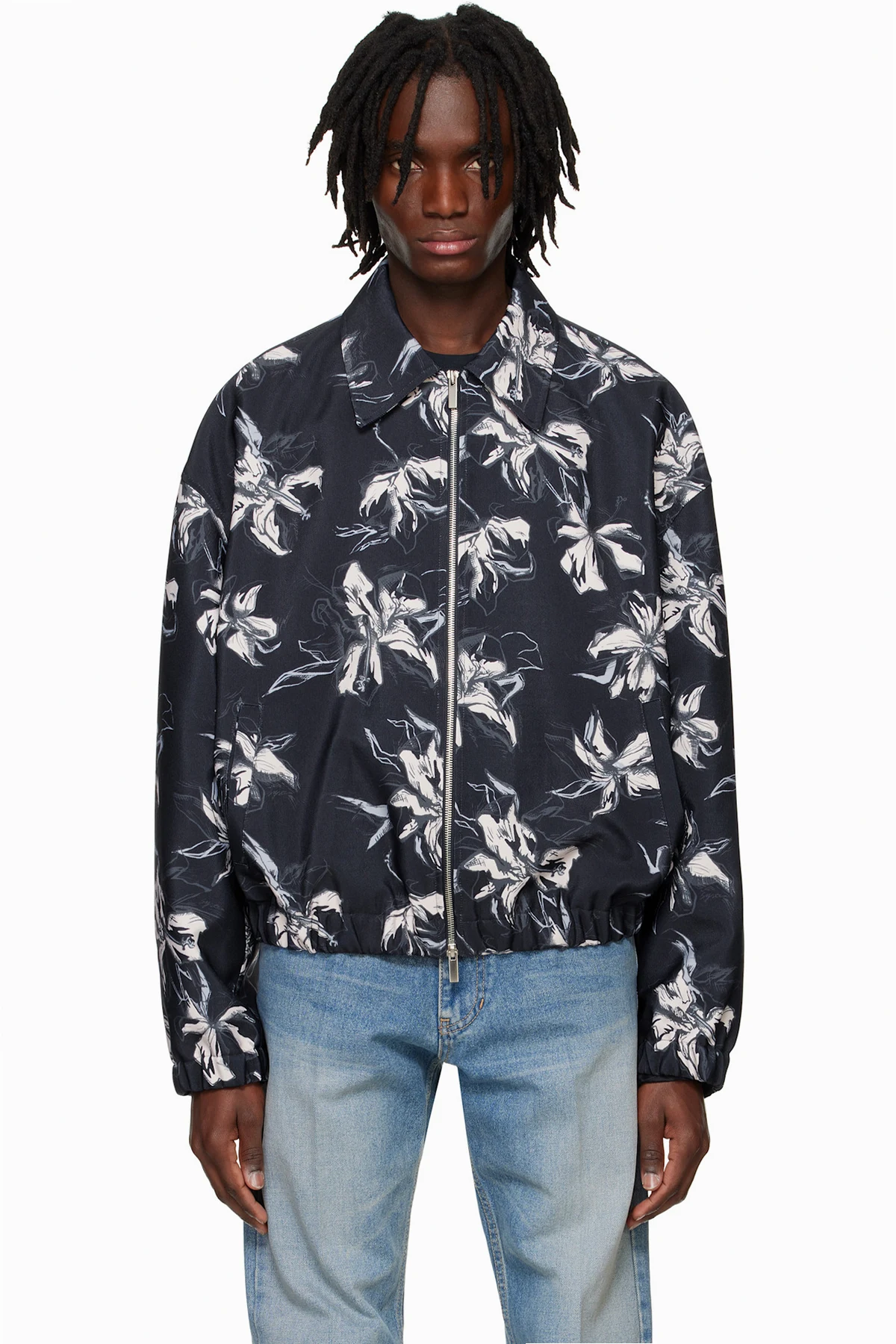 Navy Flower Printed Bomber Jacket