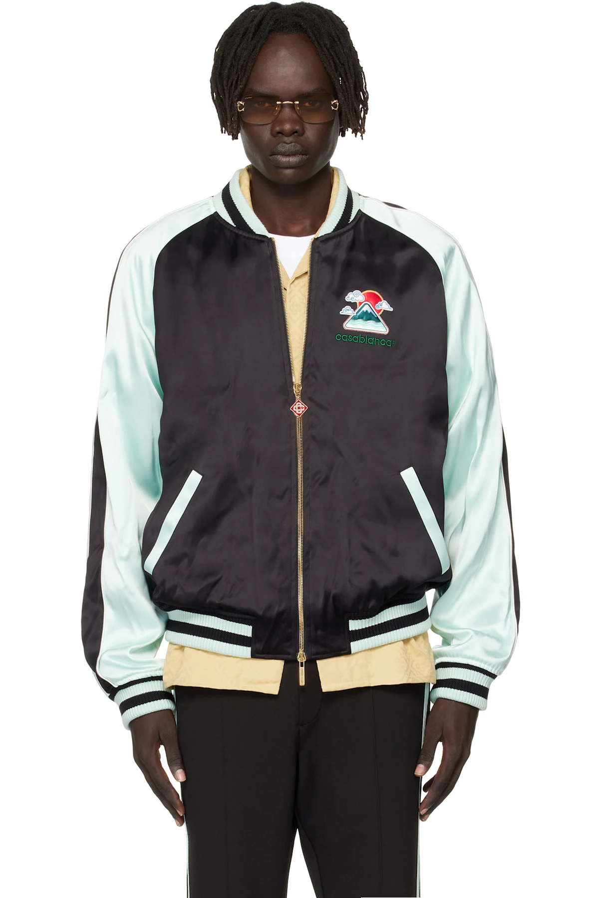 Green & Black Embroidered Satin Bomber Jacket