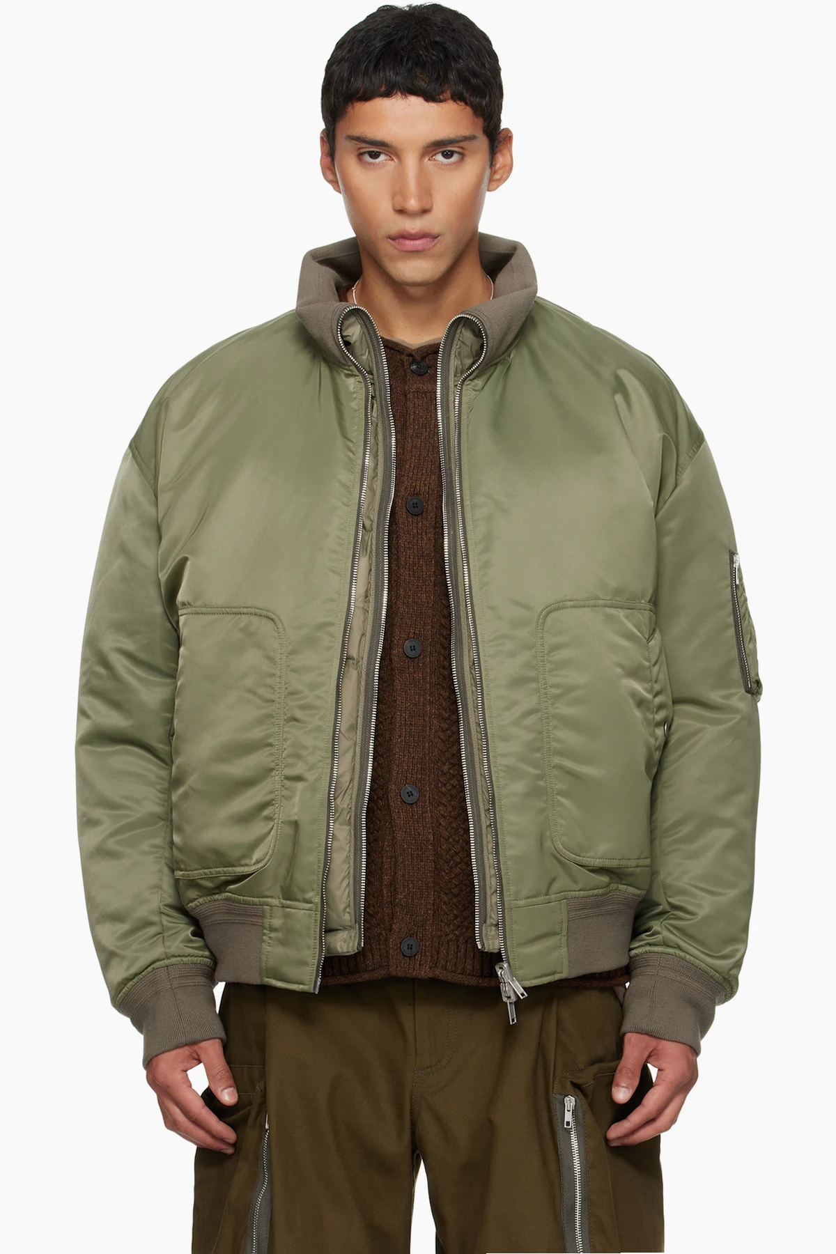 Green Double Layer Down Reversible Bomber Jacket