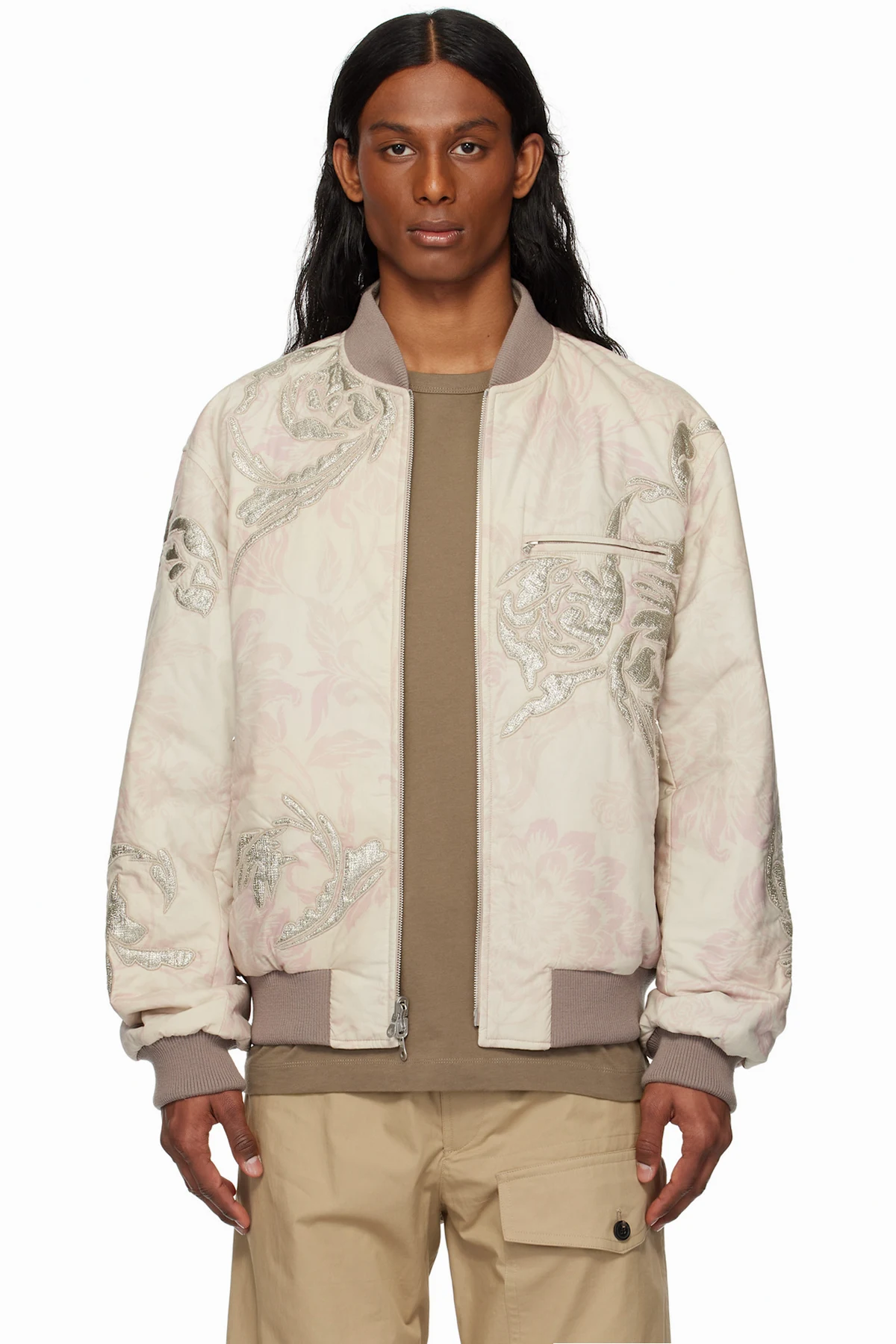 Off-White & Pink Floral Reversible Bomber Jacket
