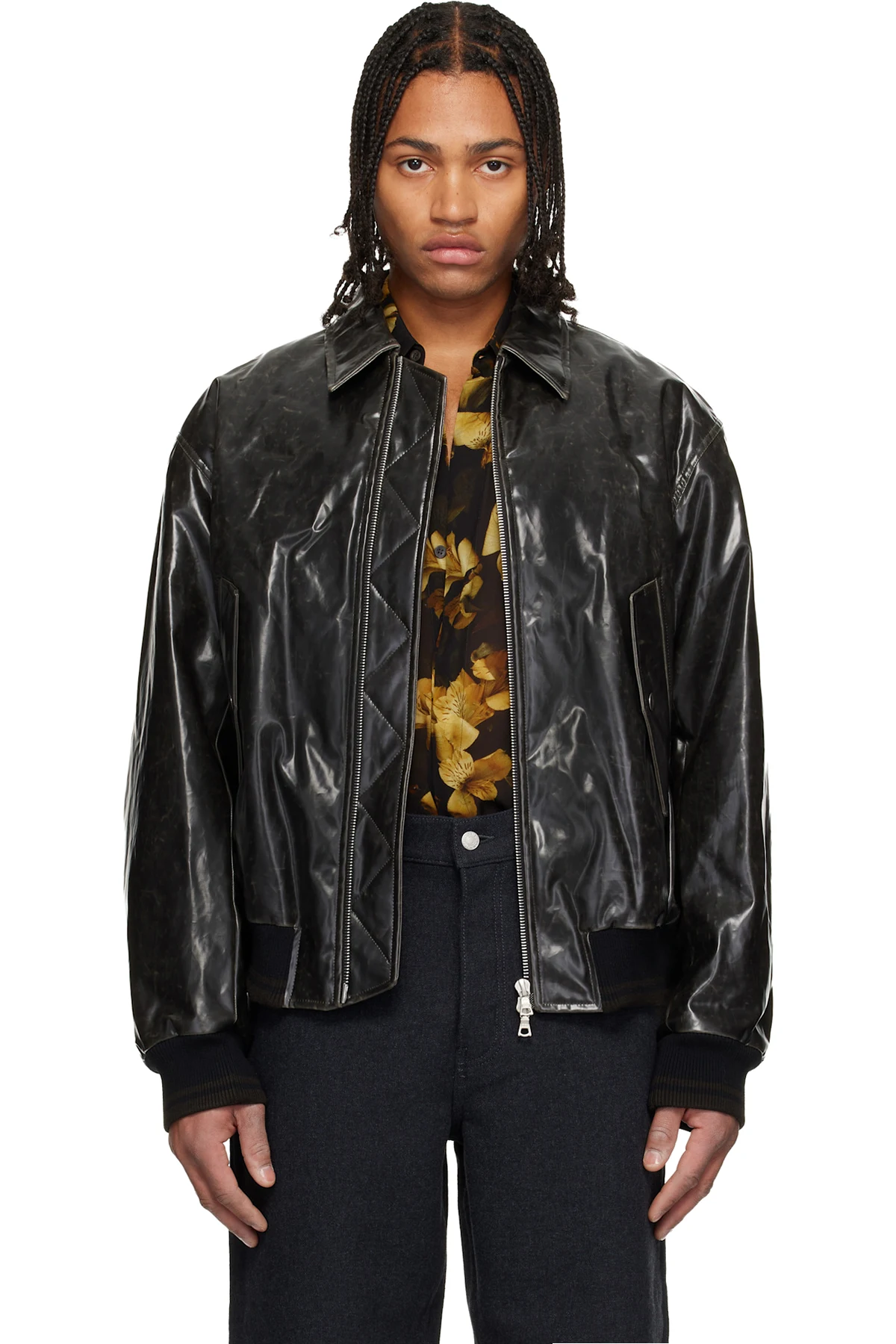 Black Padded Faux-Leather Bomber Jacket