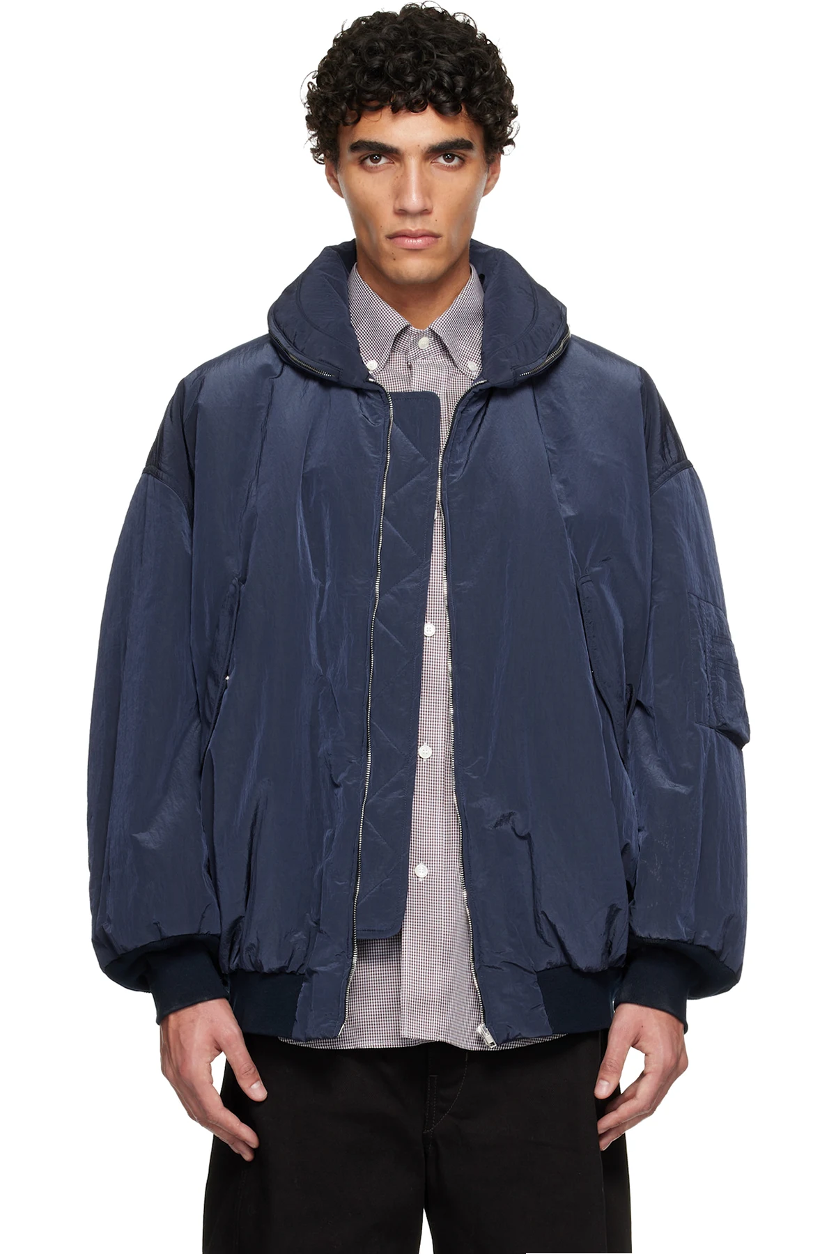 Navy Crinkled Bomber Jacket