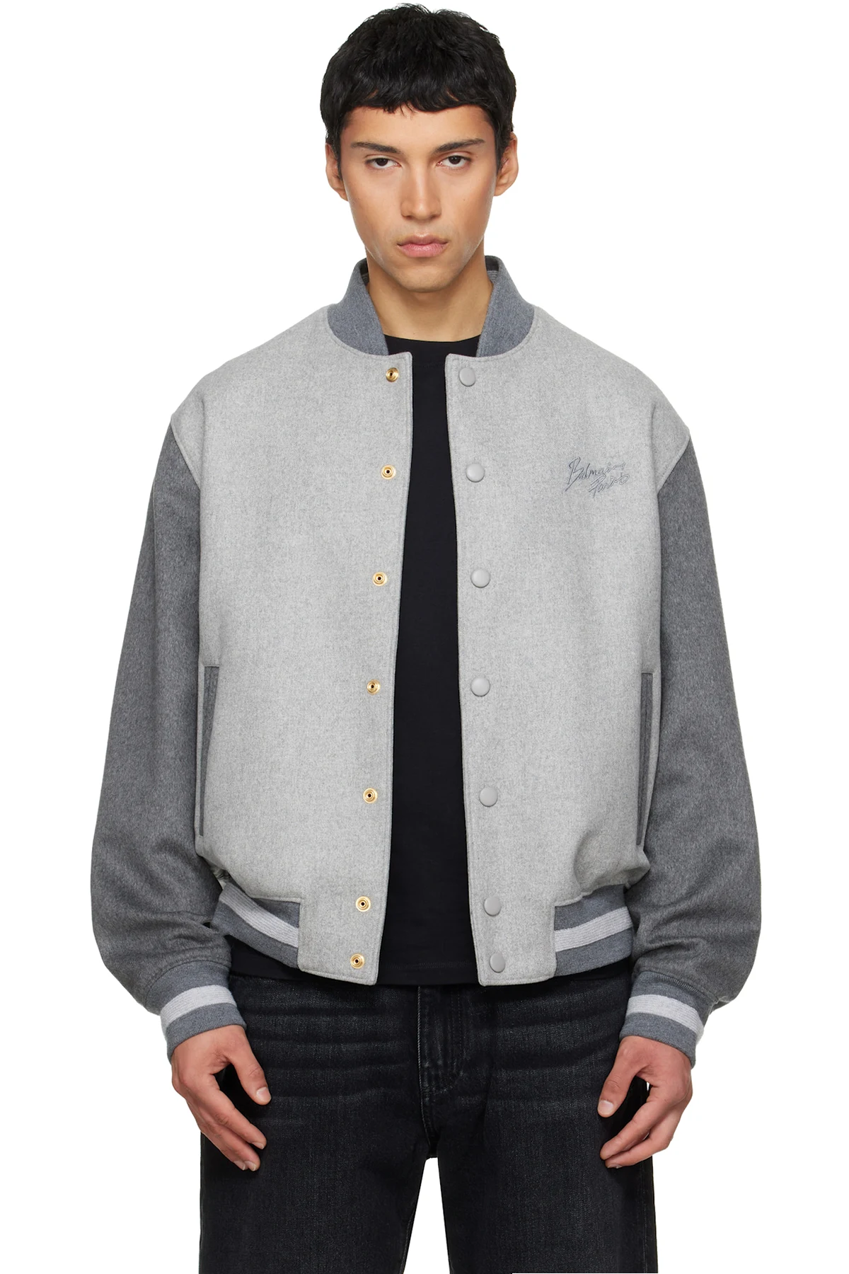 Gray Wool & Cashmere Varsity Bomber Jacket