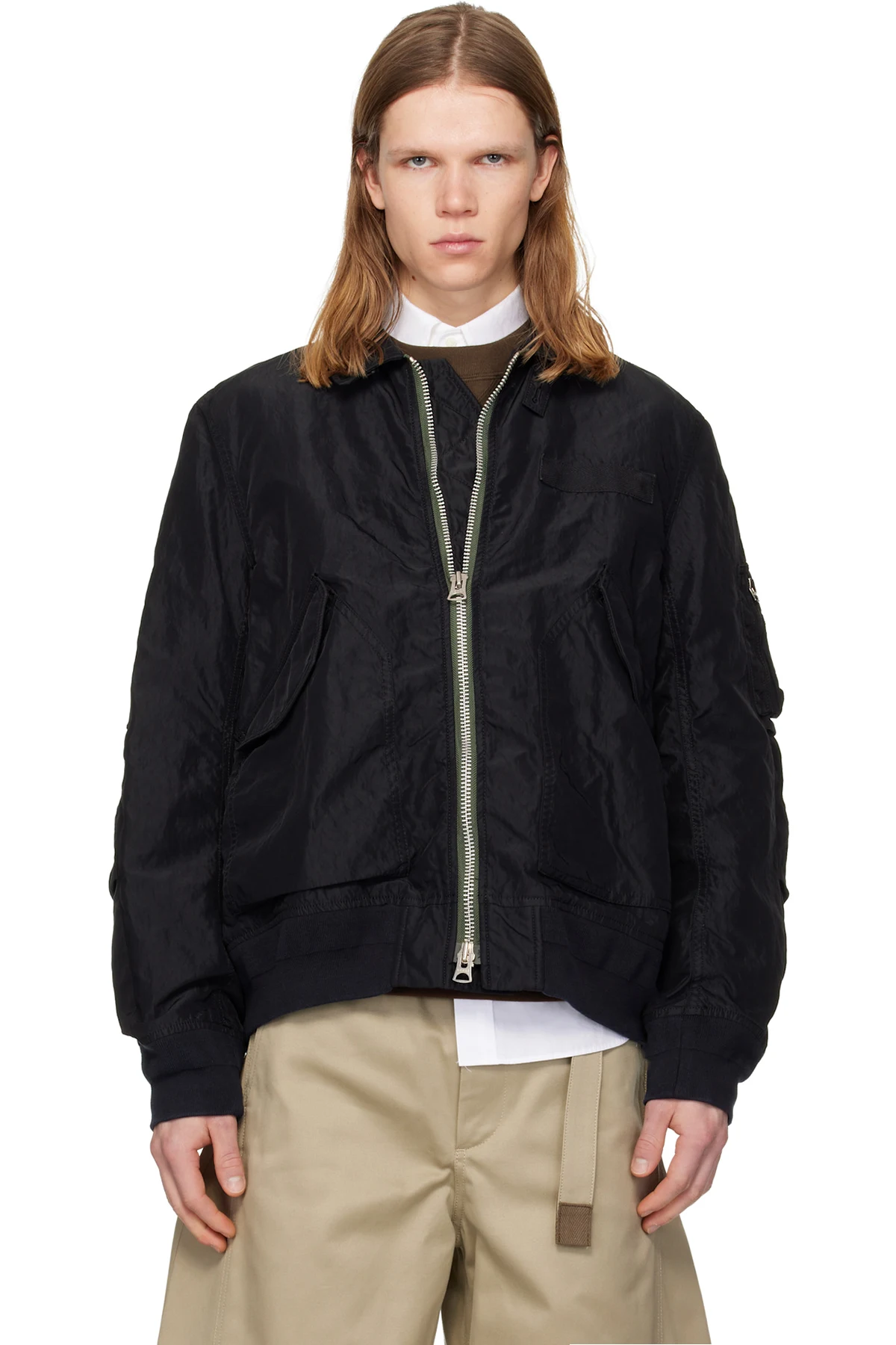 Black Treated Nylon Twill Blouson Bomber Jacket
