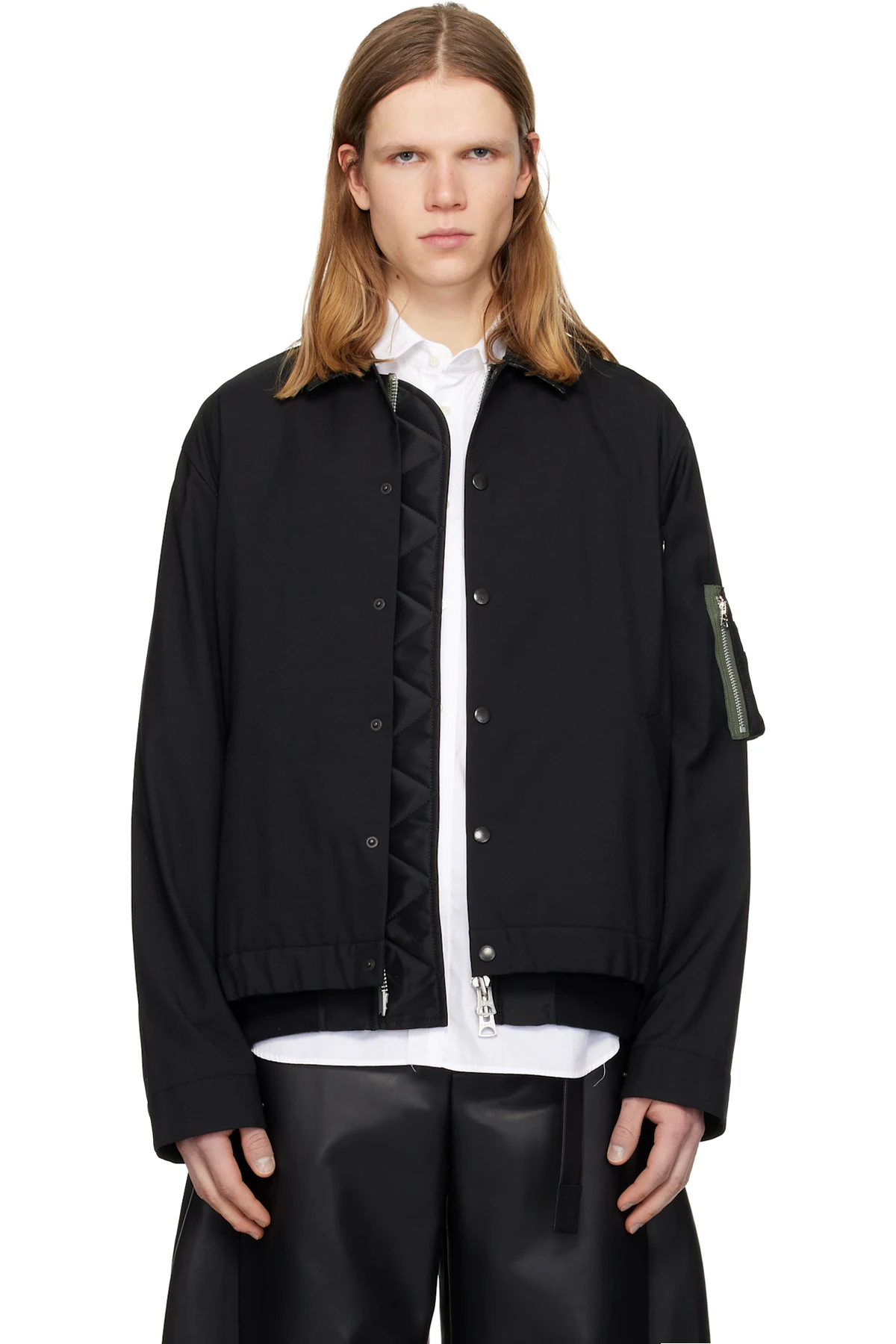 Black Suiting & Nylon Twill Bomber Jacket