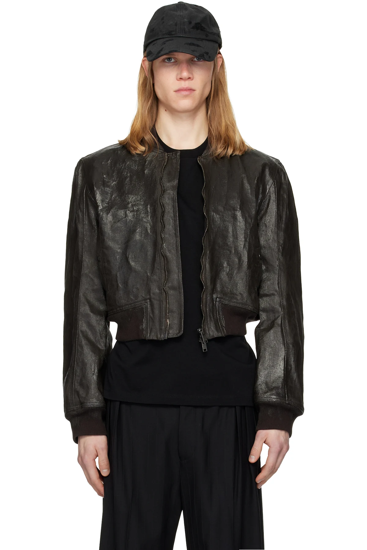 Brown Locust Crack Waxed Denim Bomber Jacket