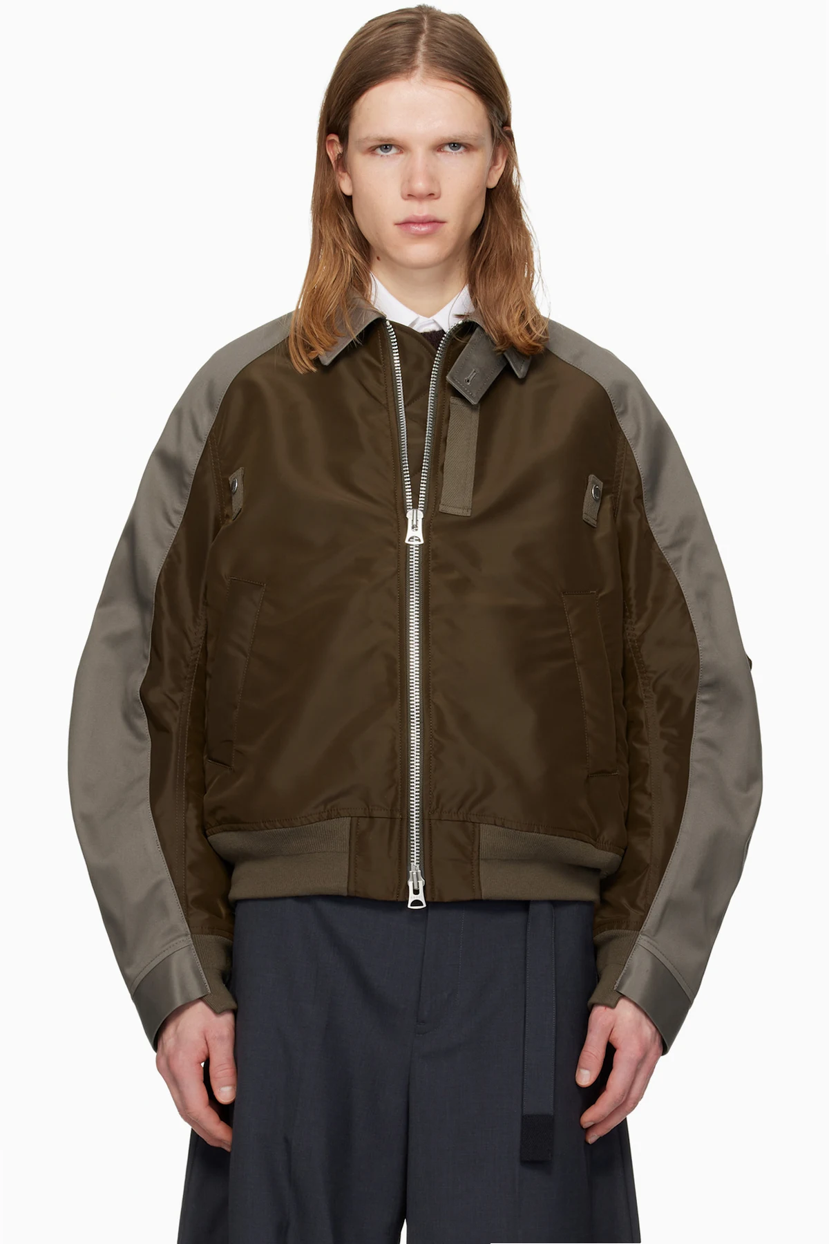Brown & Gray Cotton Chino & Nylon Twill Bomber Jacket