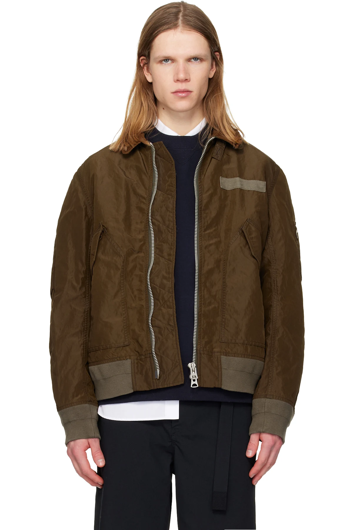 Brown Treated Nylon Twill Bomber Jacket