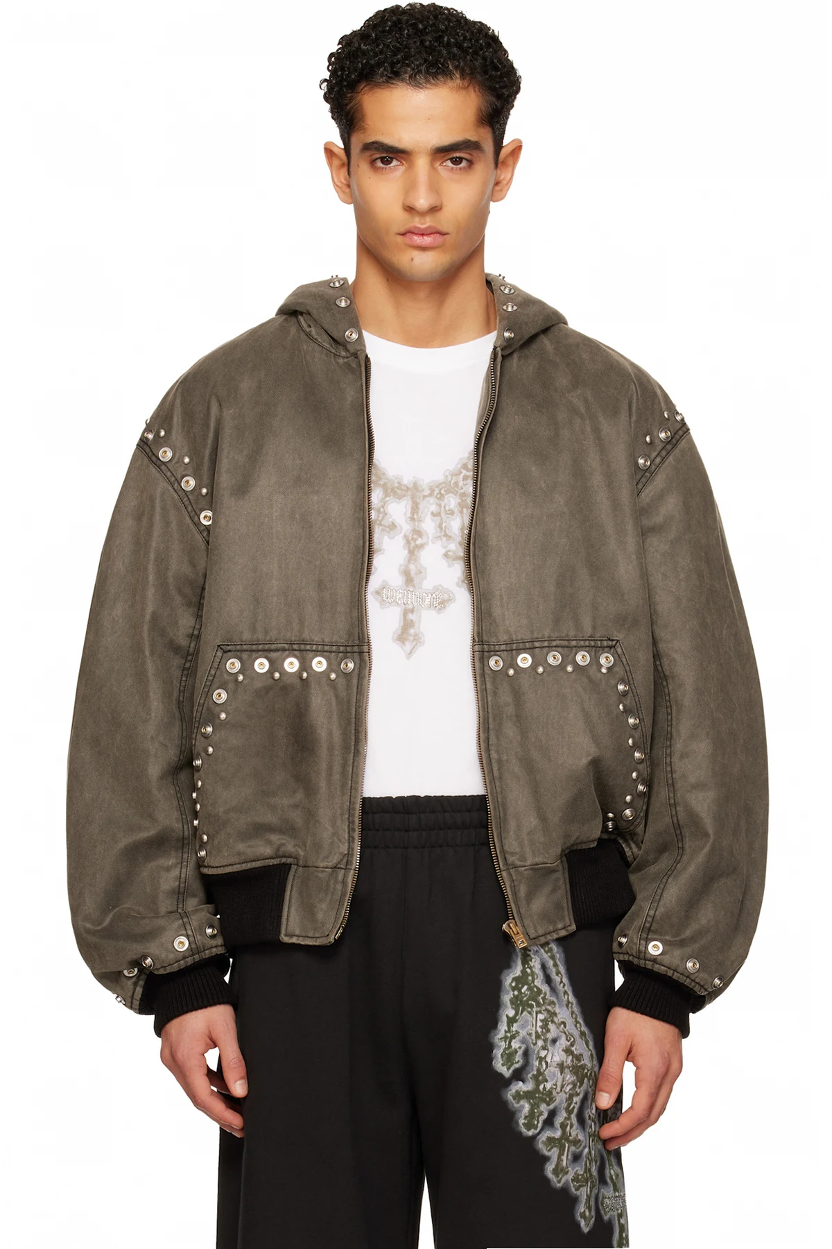 Gray Studded Hooded Bomber Jacket
