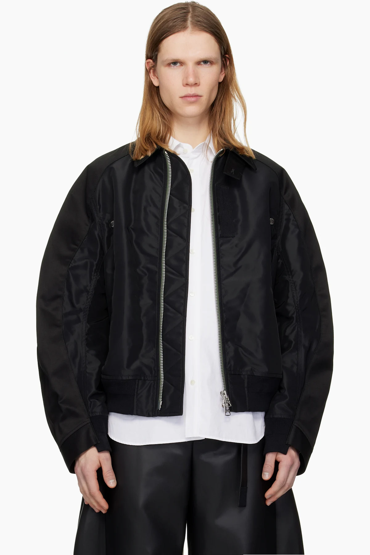 Black Cotton Chino & Nylon Twill Bomber Jacket
