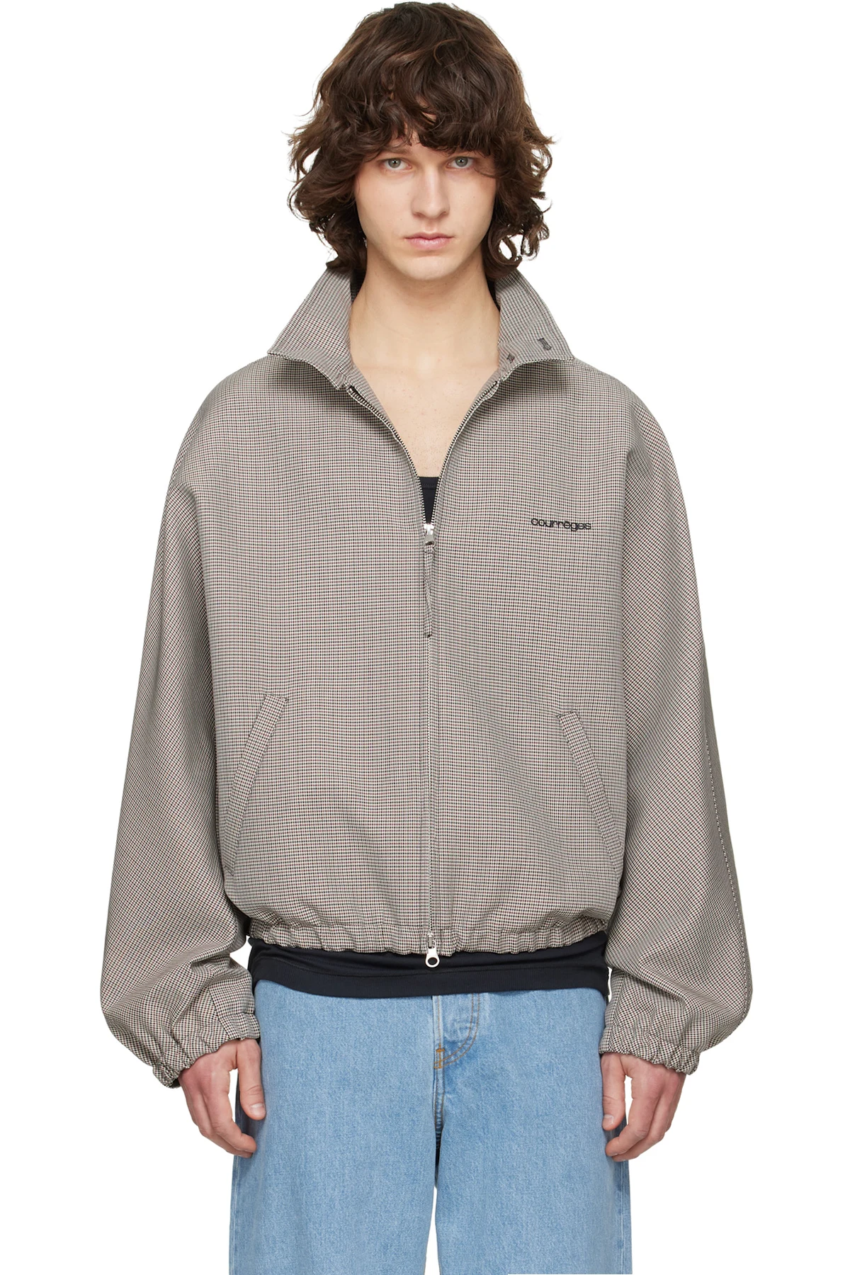 Gray Houndstooth Zipped Bomber Jacket