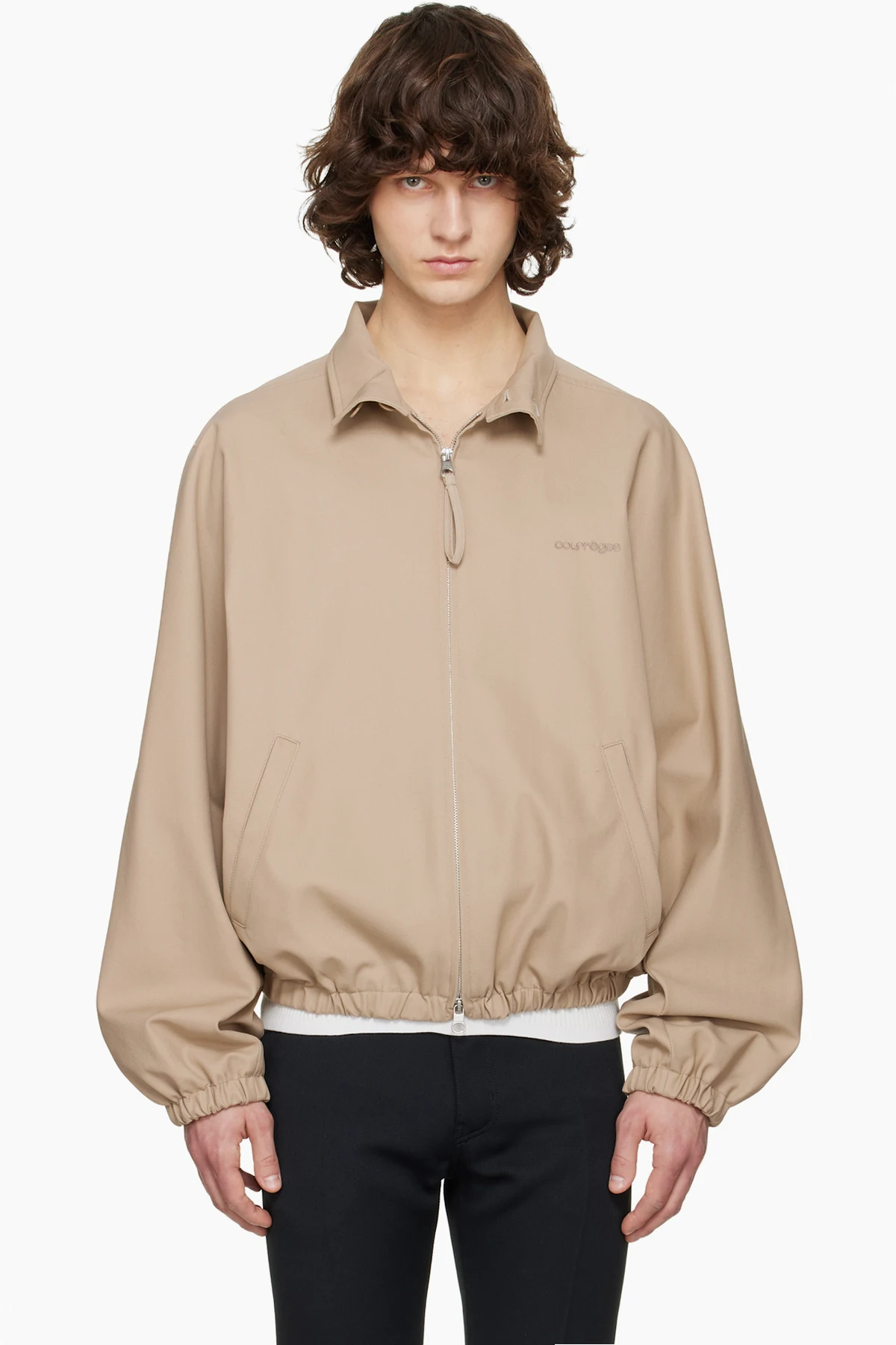 Beige Cotton Zipped Bomber Jacket