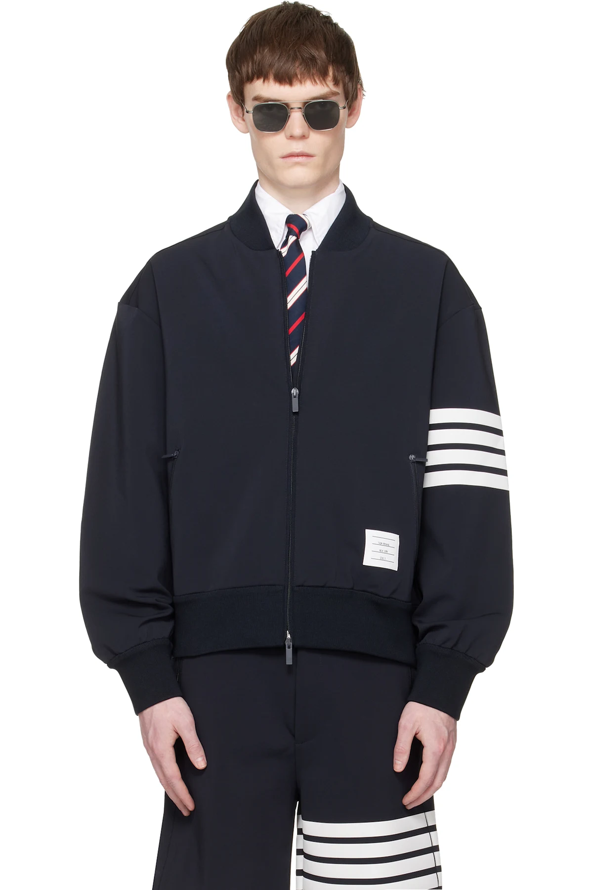 Navy Printed 4-Bar Bomber Jacket