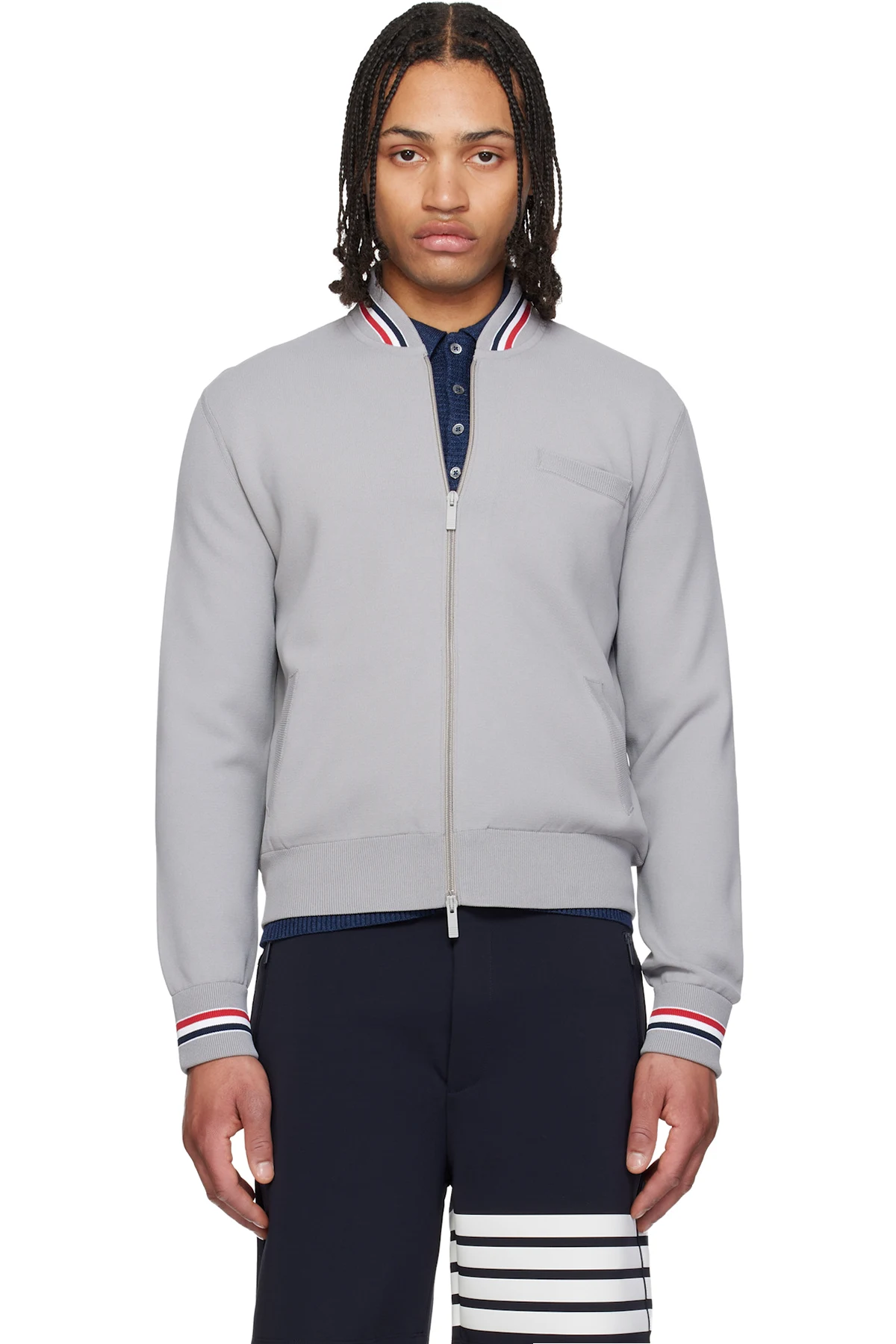 Gray 'Browne 65' Intarsia Zip Up Bomber Jacket