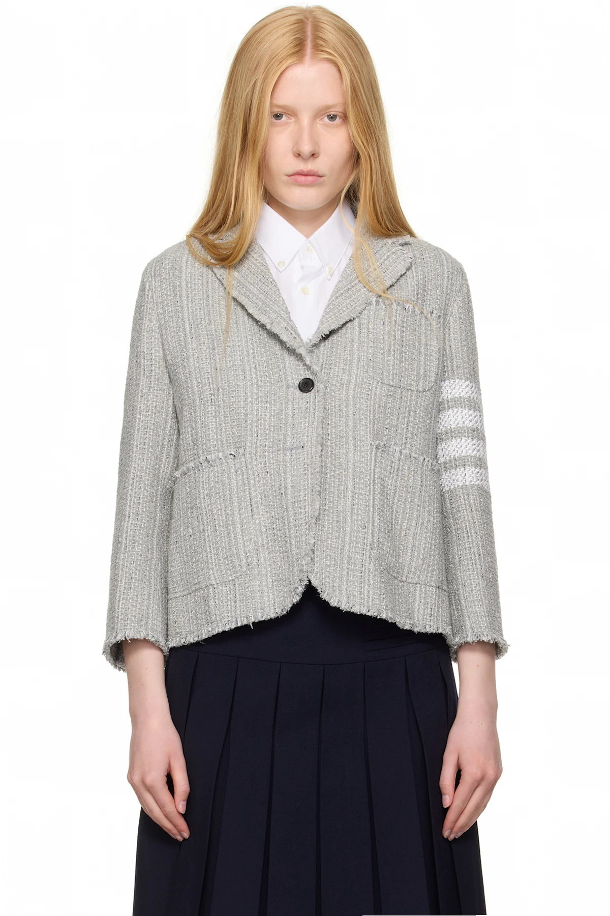 Gray Tweed Fray 4-Bar Cropped Sack Blazer