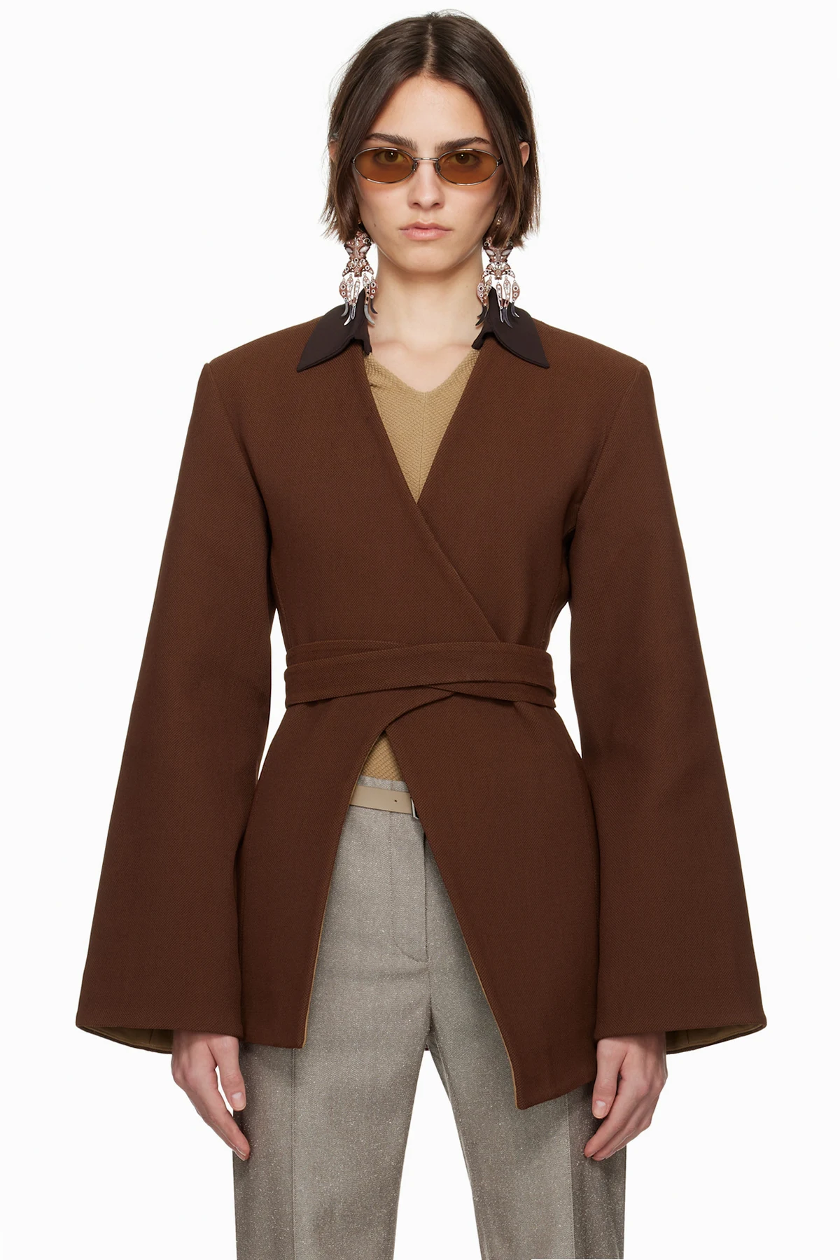Brown Asymmetrical Pique Wrap Blazer