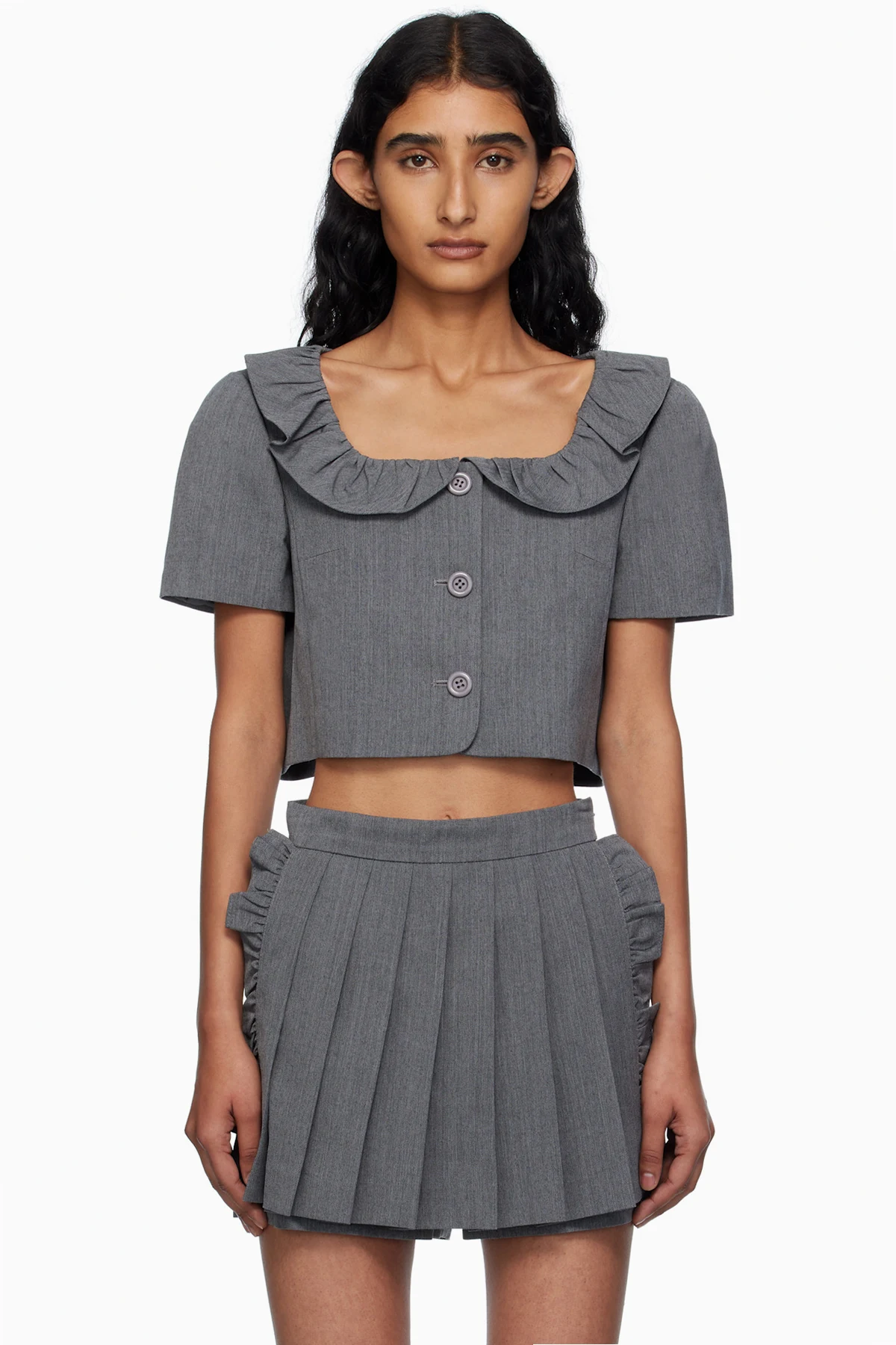 Gray Frilled Neck Cropped Top