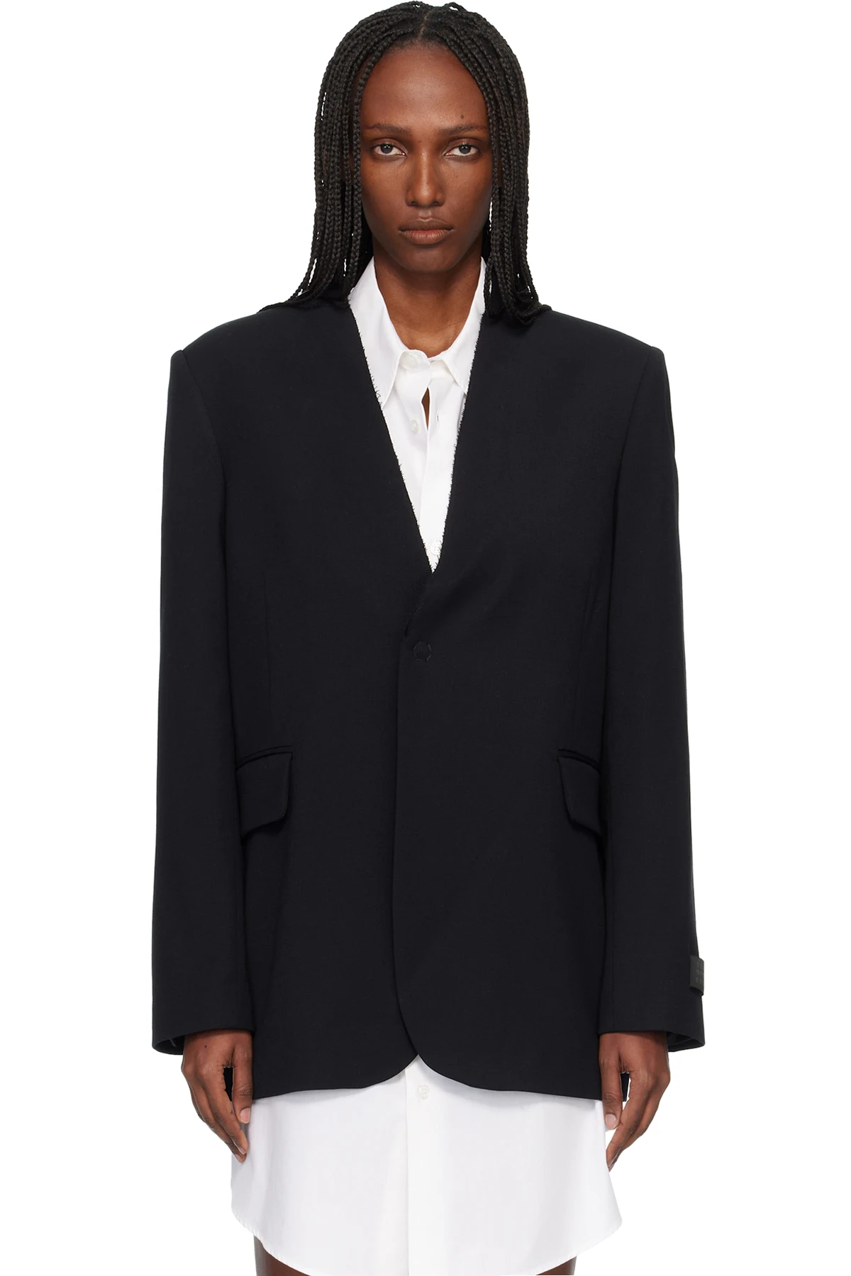 Black Collarless Tailoring Wool Blazer