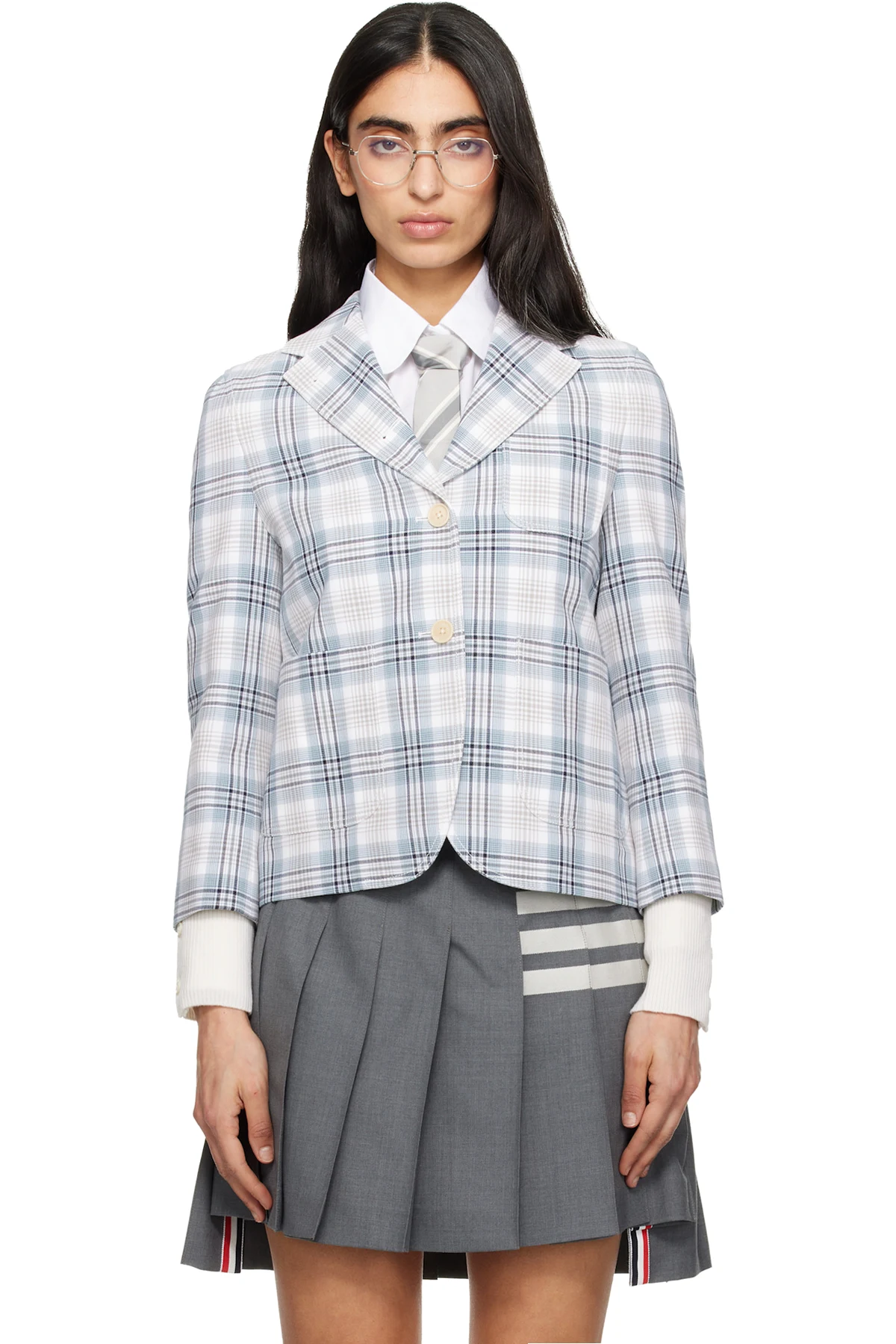 White & Blue Cropped Sack Plaid Cotton Blazer