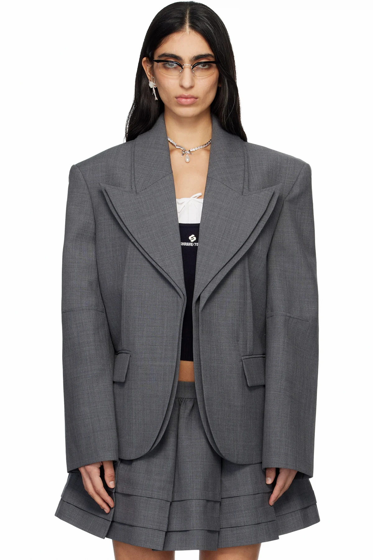 Gray Peak Lapel Oversized Blazer