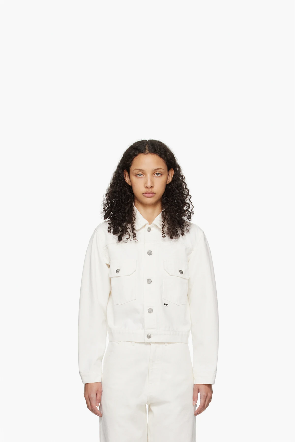 White Spread Collar Denim Jacket