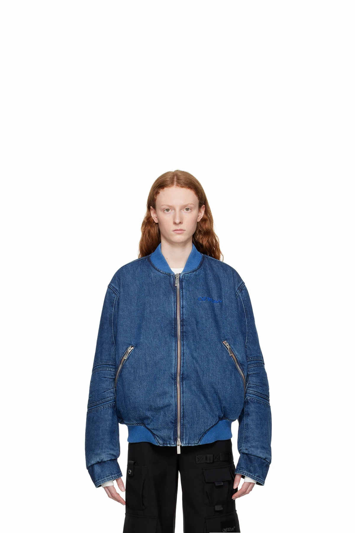 Blue Paneled Denim Bomber Jacket