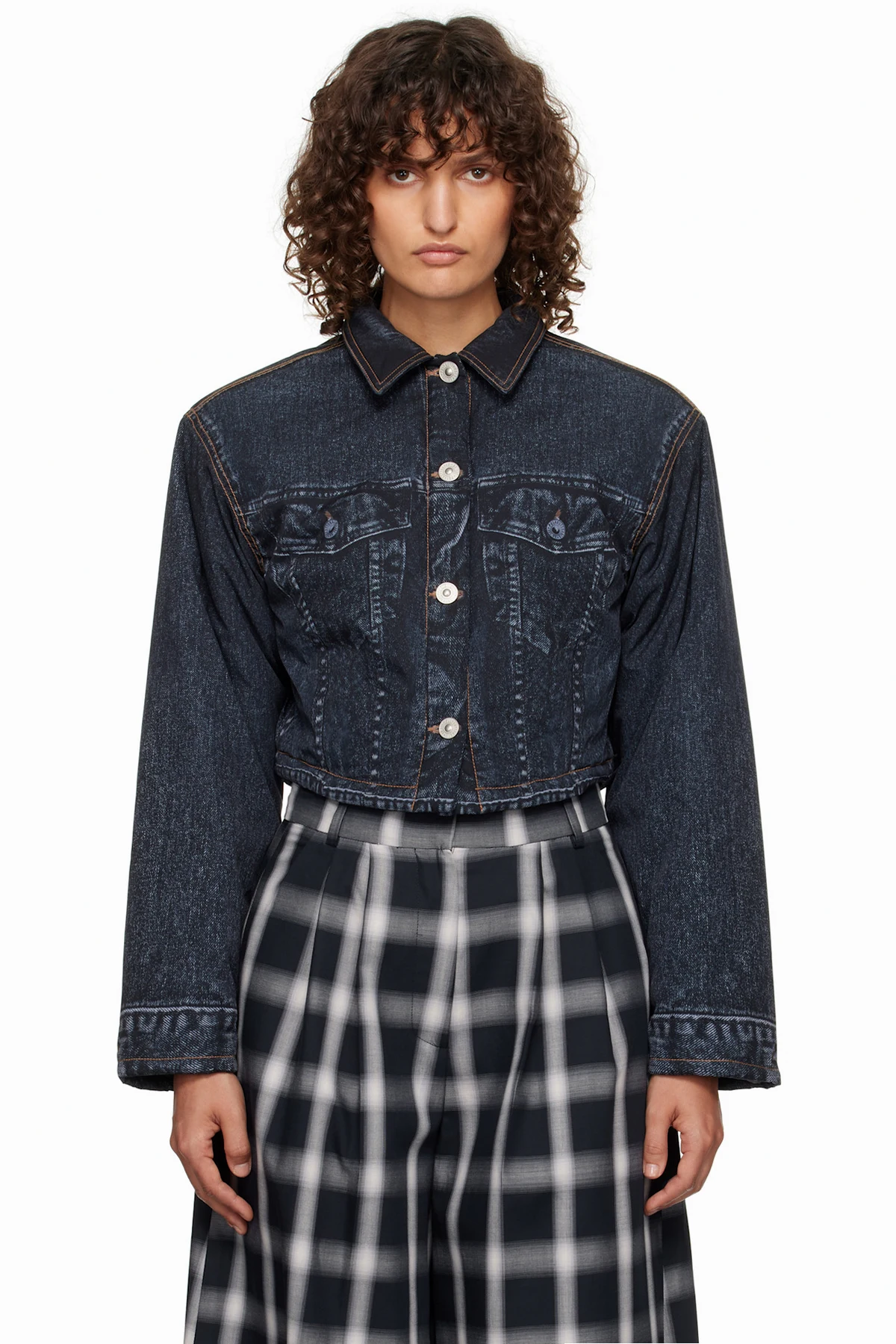 Black Denim Print Cropped Jacket