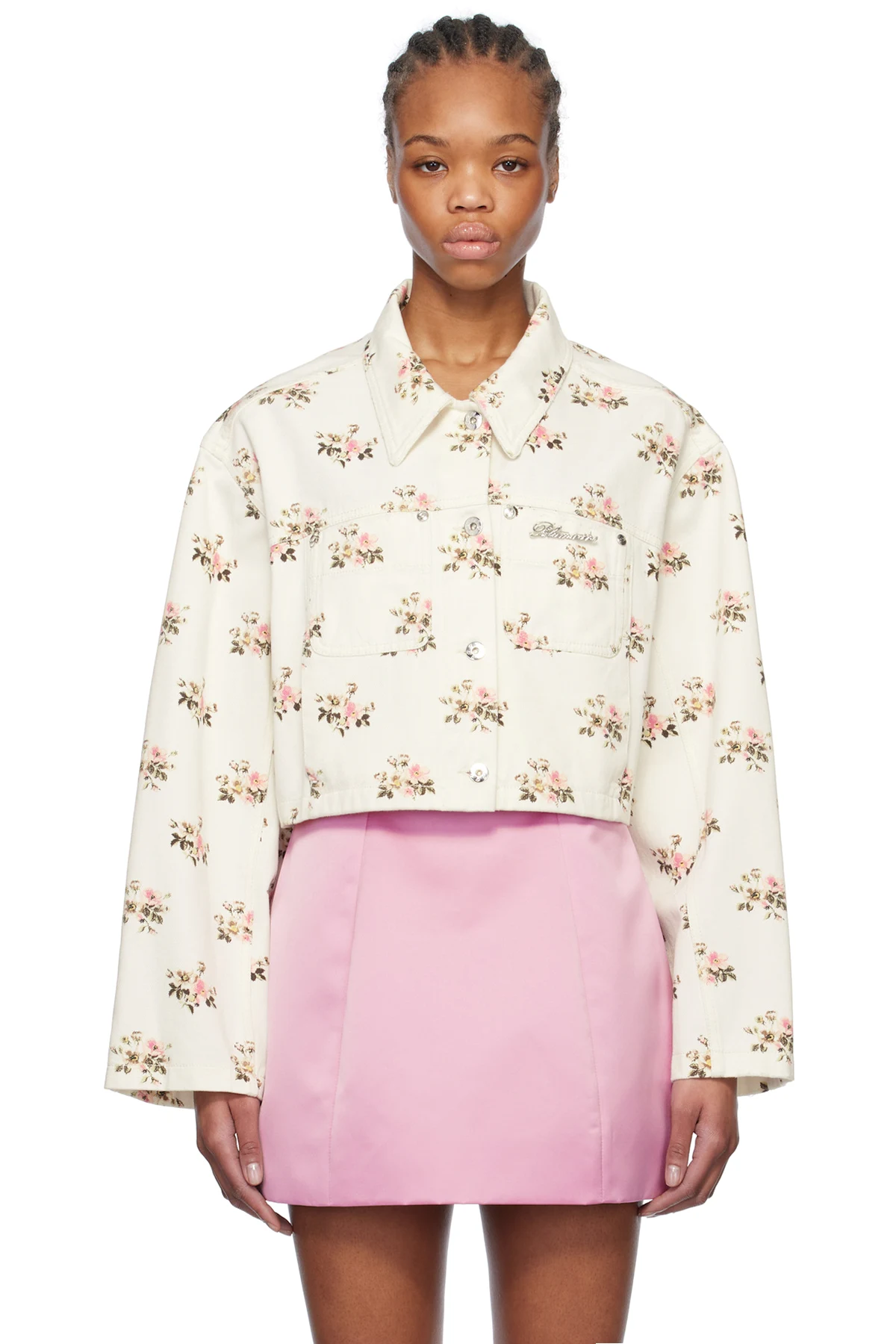 White & Pink Floral Print Rhinestone Pin Denim Jacket