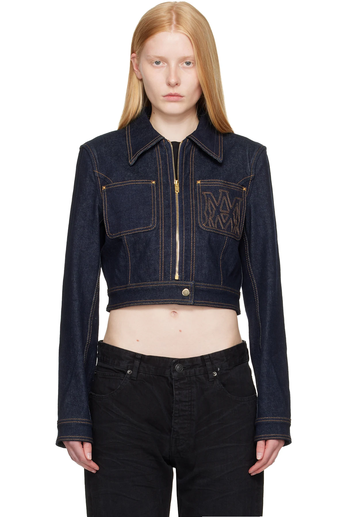 Navy Zip Up Cropped Denim Jacket