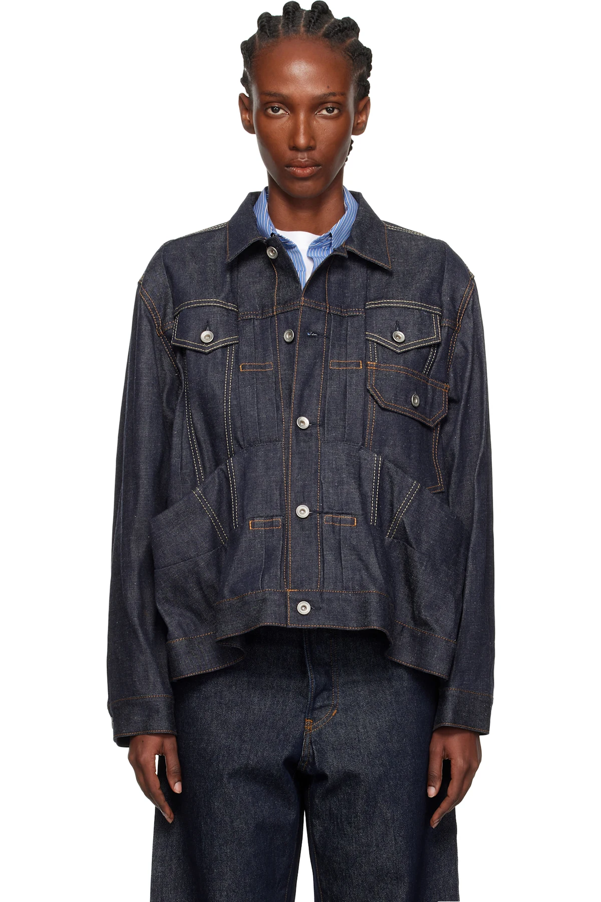 Navy Pleated Denim Jacket