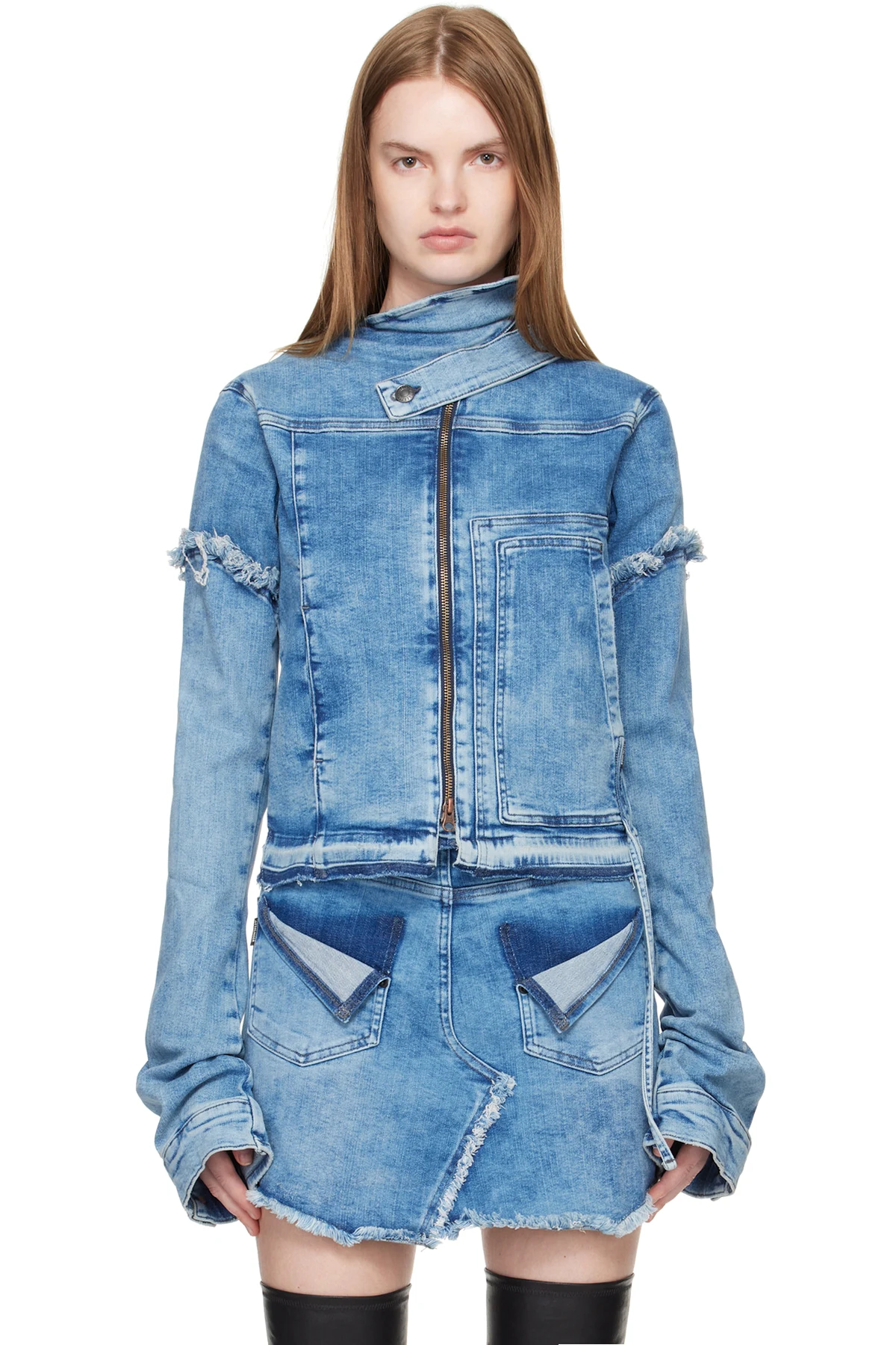 Blue Drape Collar Denim Jacket
