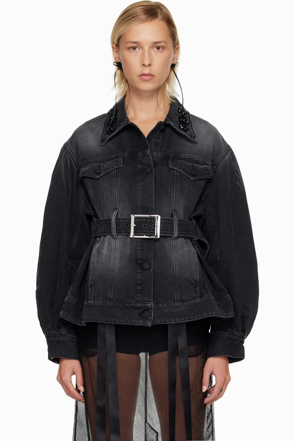 Black Embellished Sculpted Belt Detail Denim Jacket