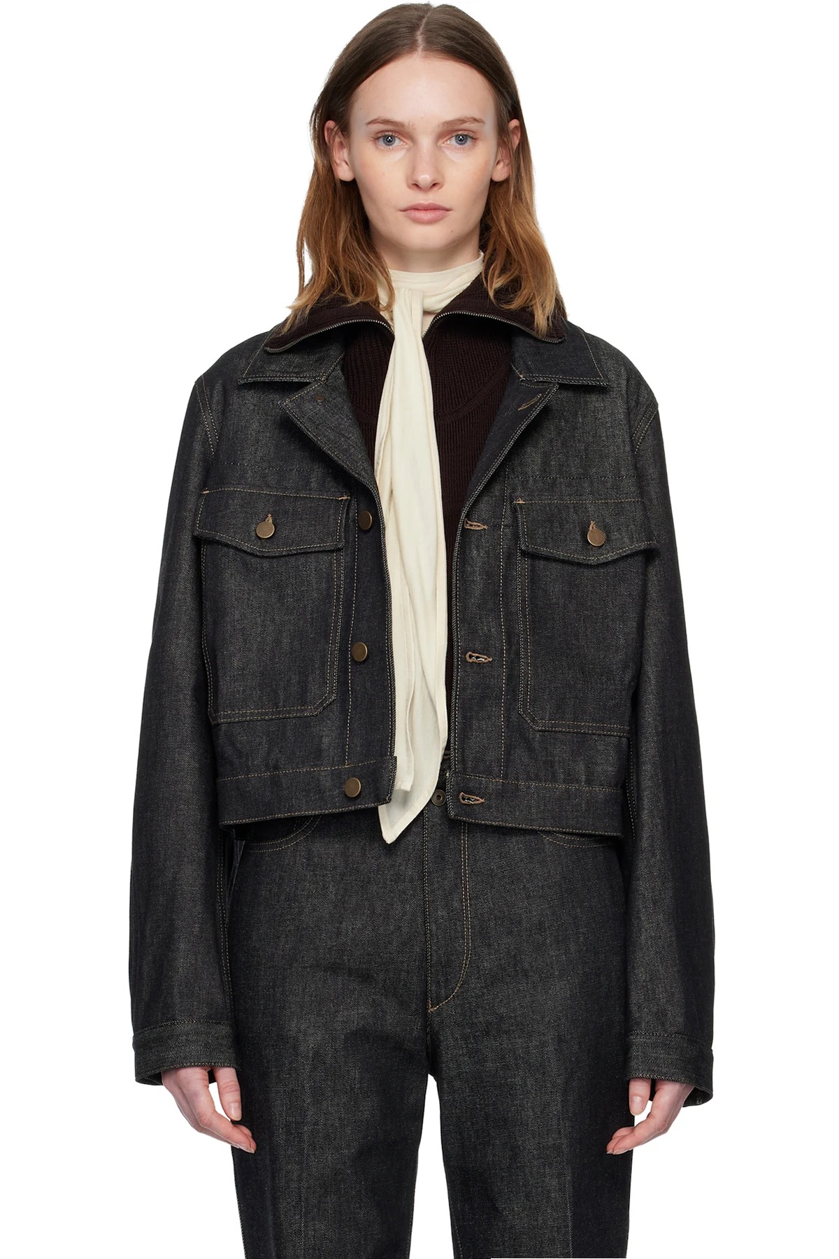 Navy Cropped Blouson Denim Jacket