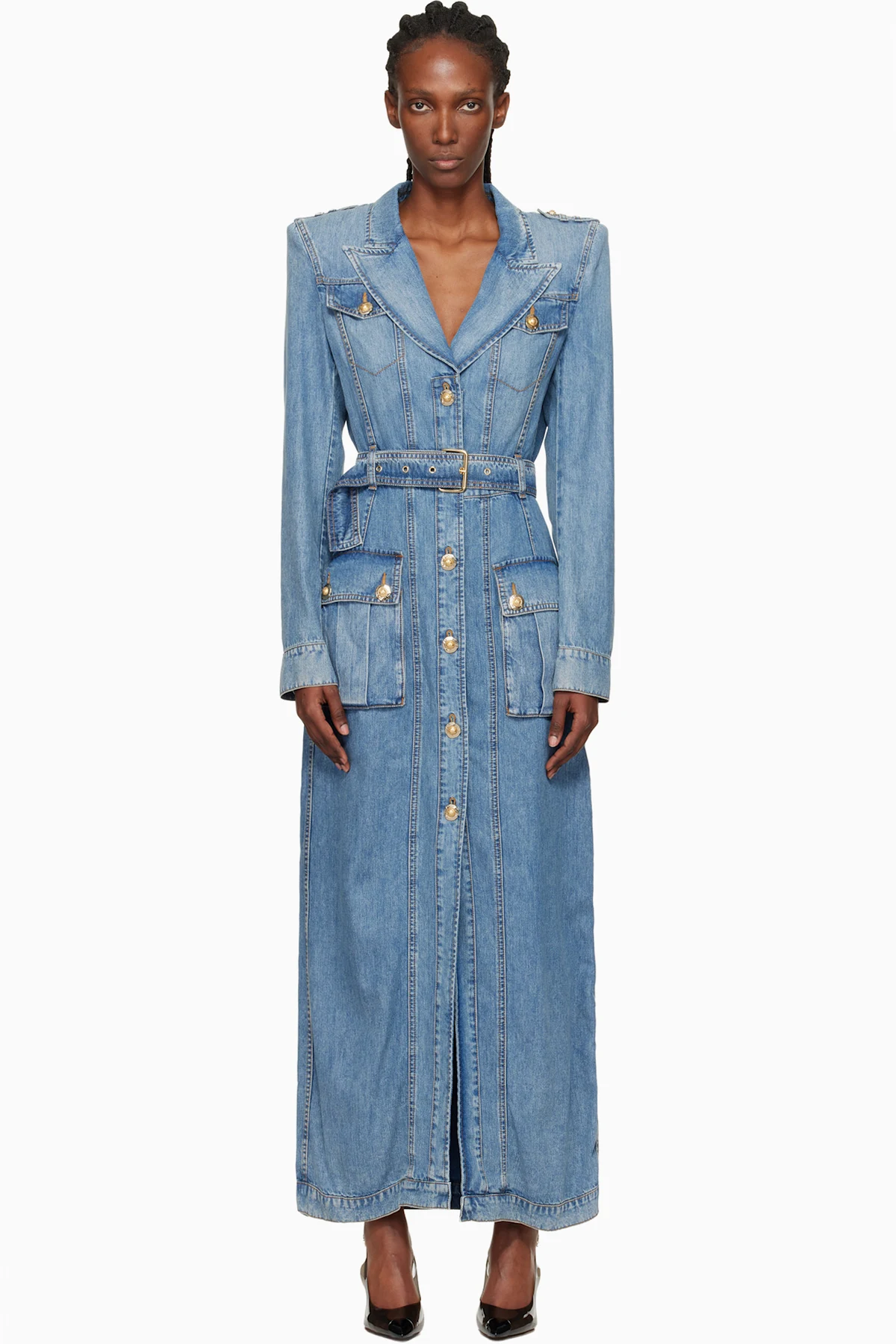 Blue Belted Long Denim Coat