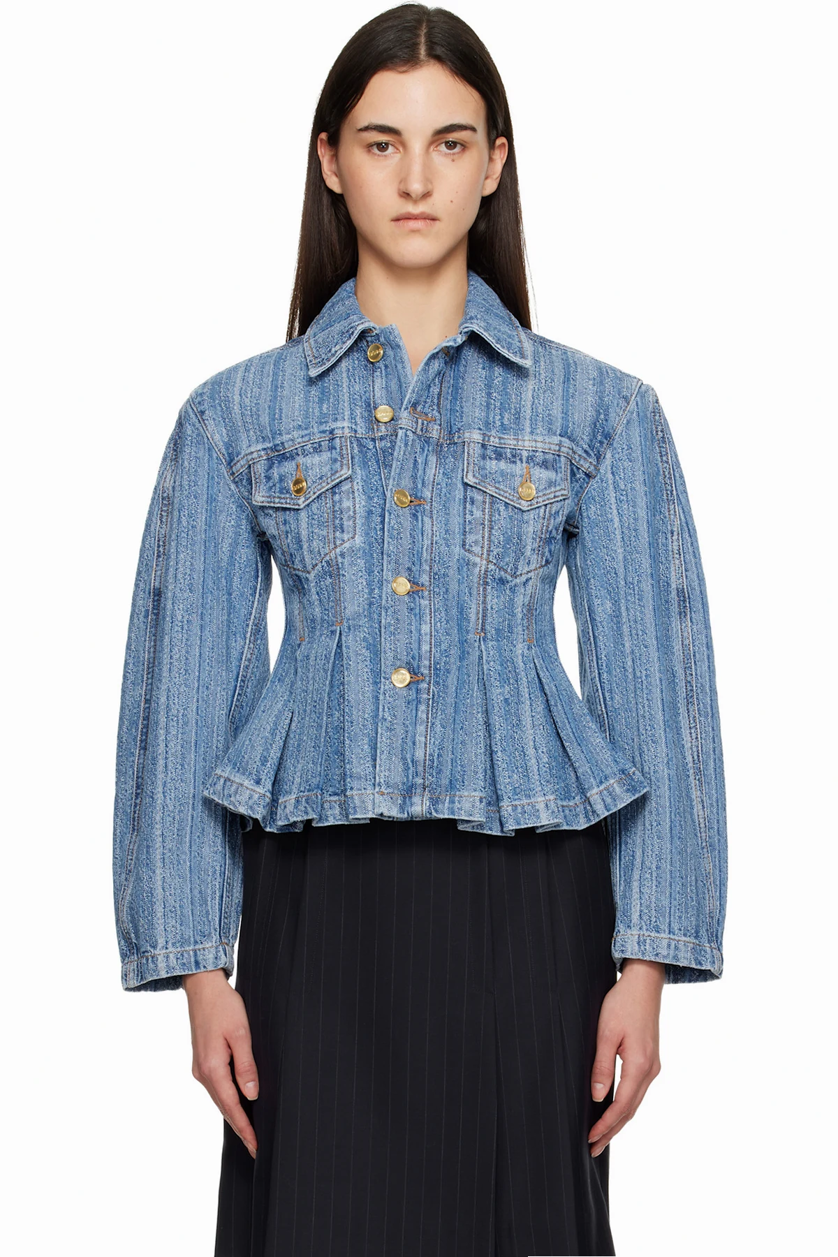 Blue Striped Pleated Denim Jacket