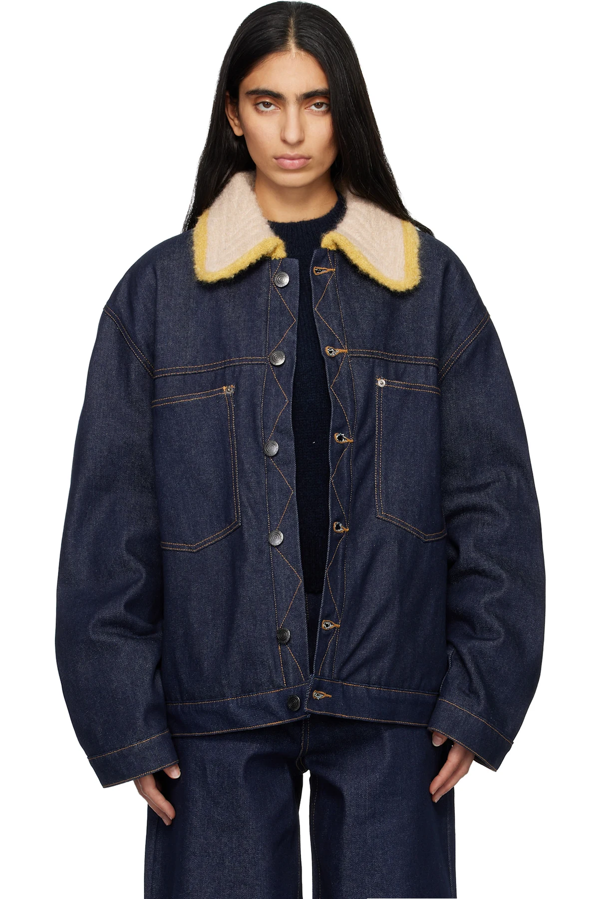Navy Knitted Collar Denim Jacket