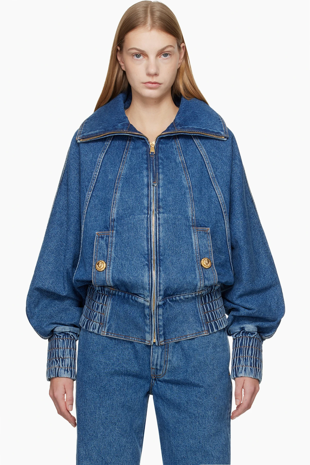 Blue Zipped Denim Bomber Jacket