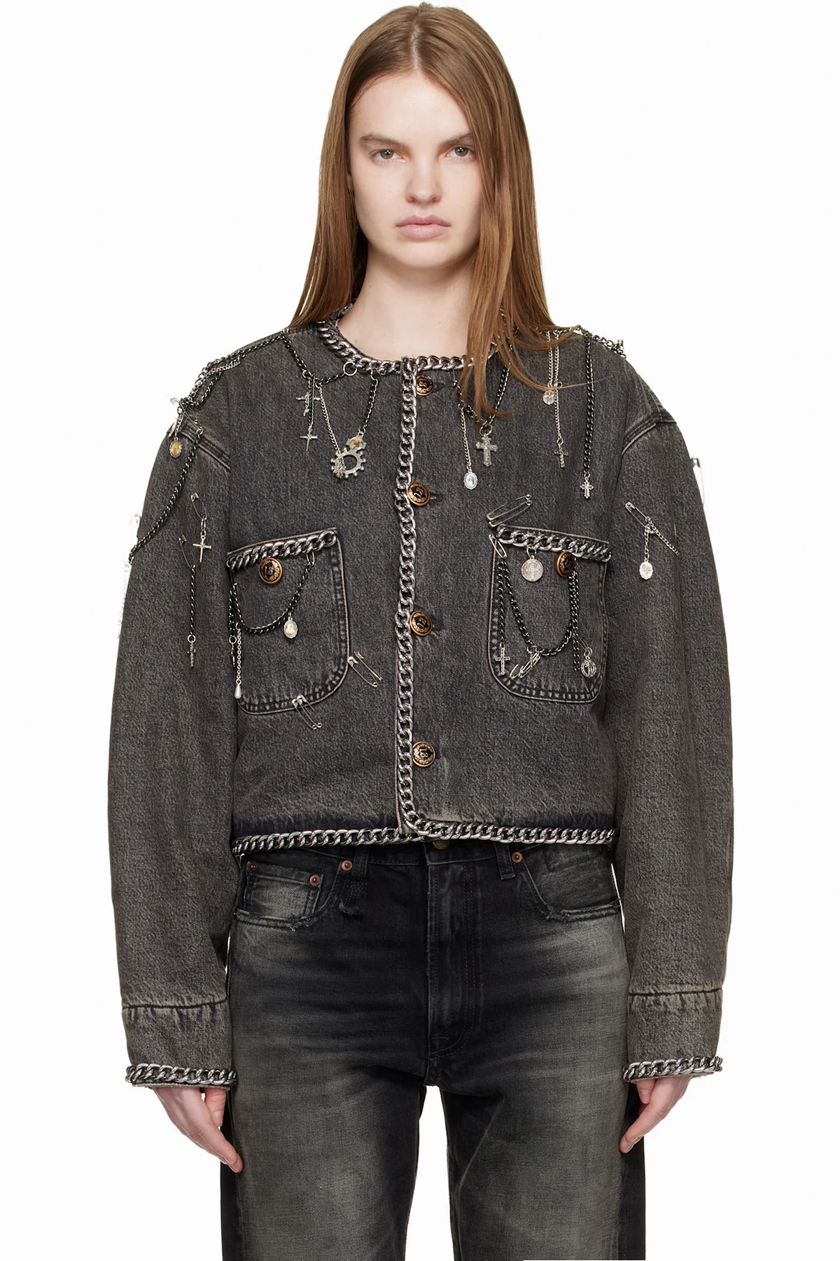 Gray Chain Embellished Cropped Denim Chore Jacket