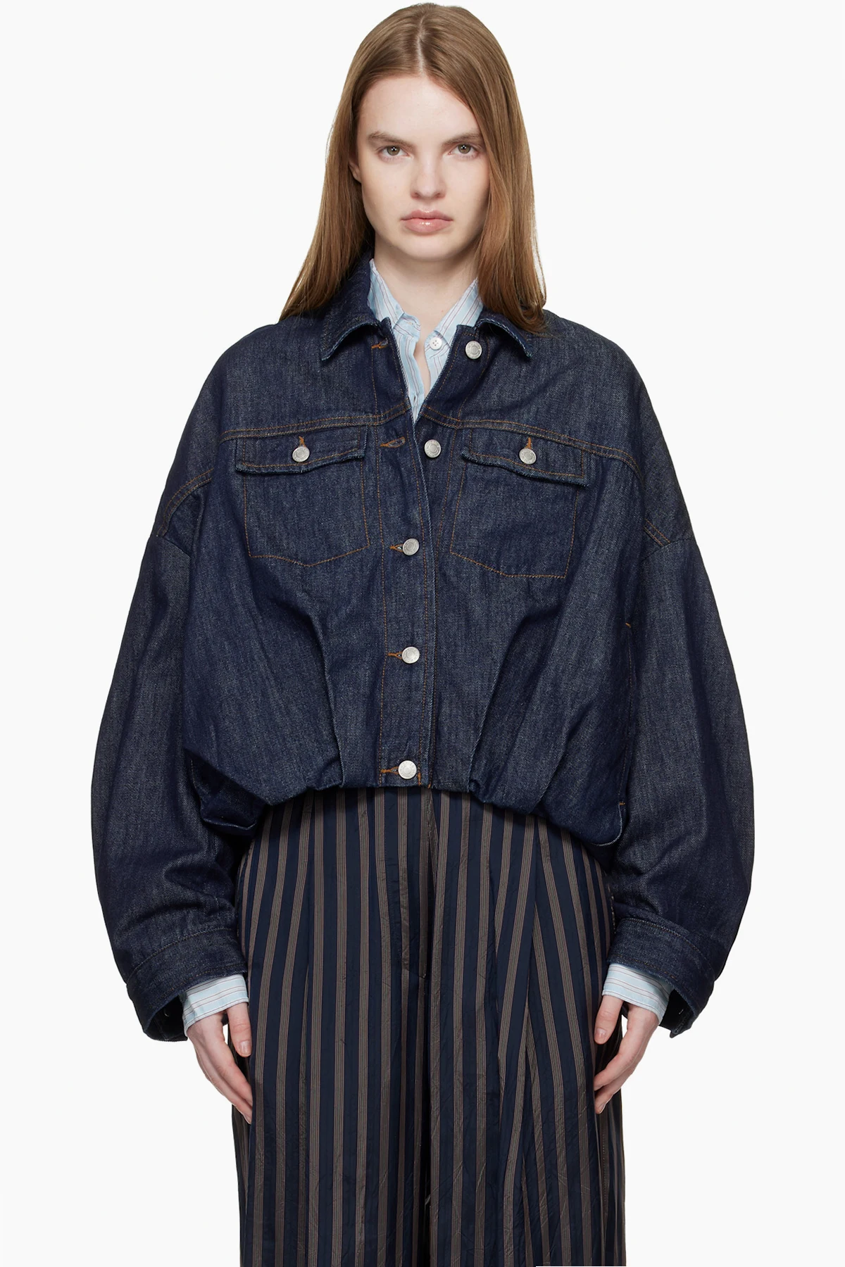 Navy Bubble Hem Denim Jacket