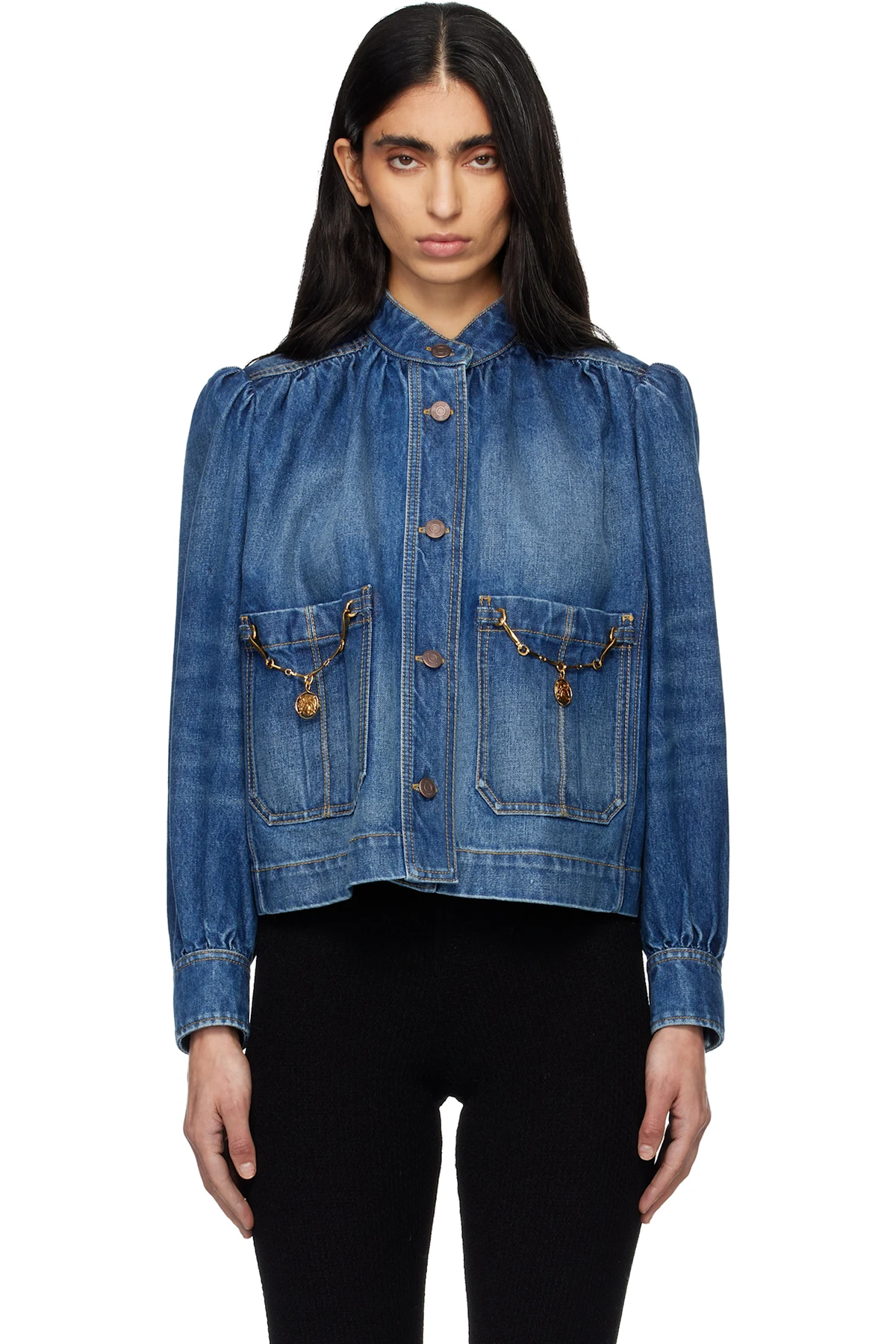 Indigo High-Neck Gathered Denim Jacket