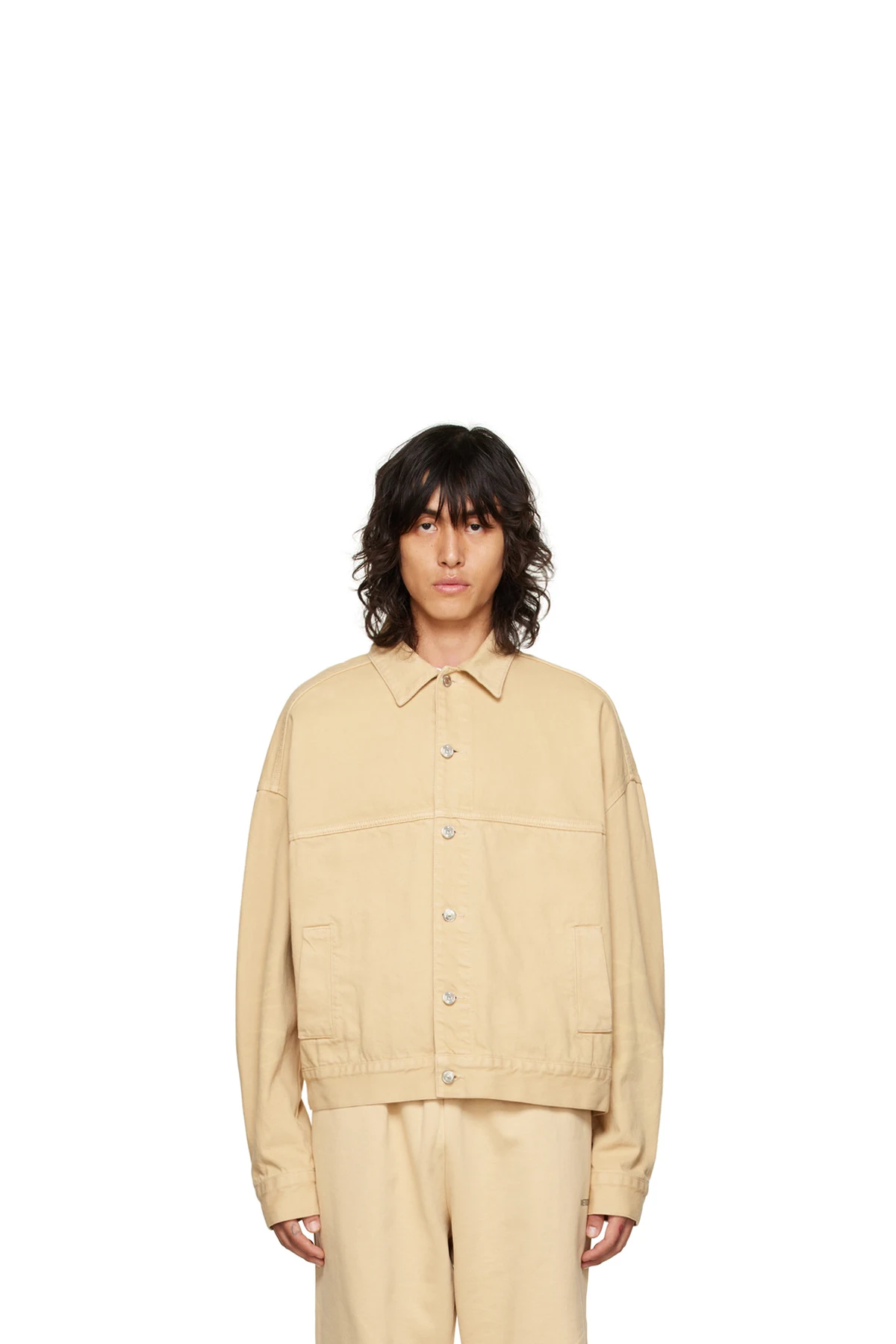 Beige Printed Trucker Denim Jacket